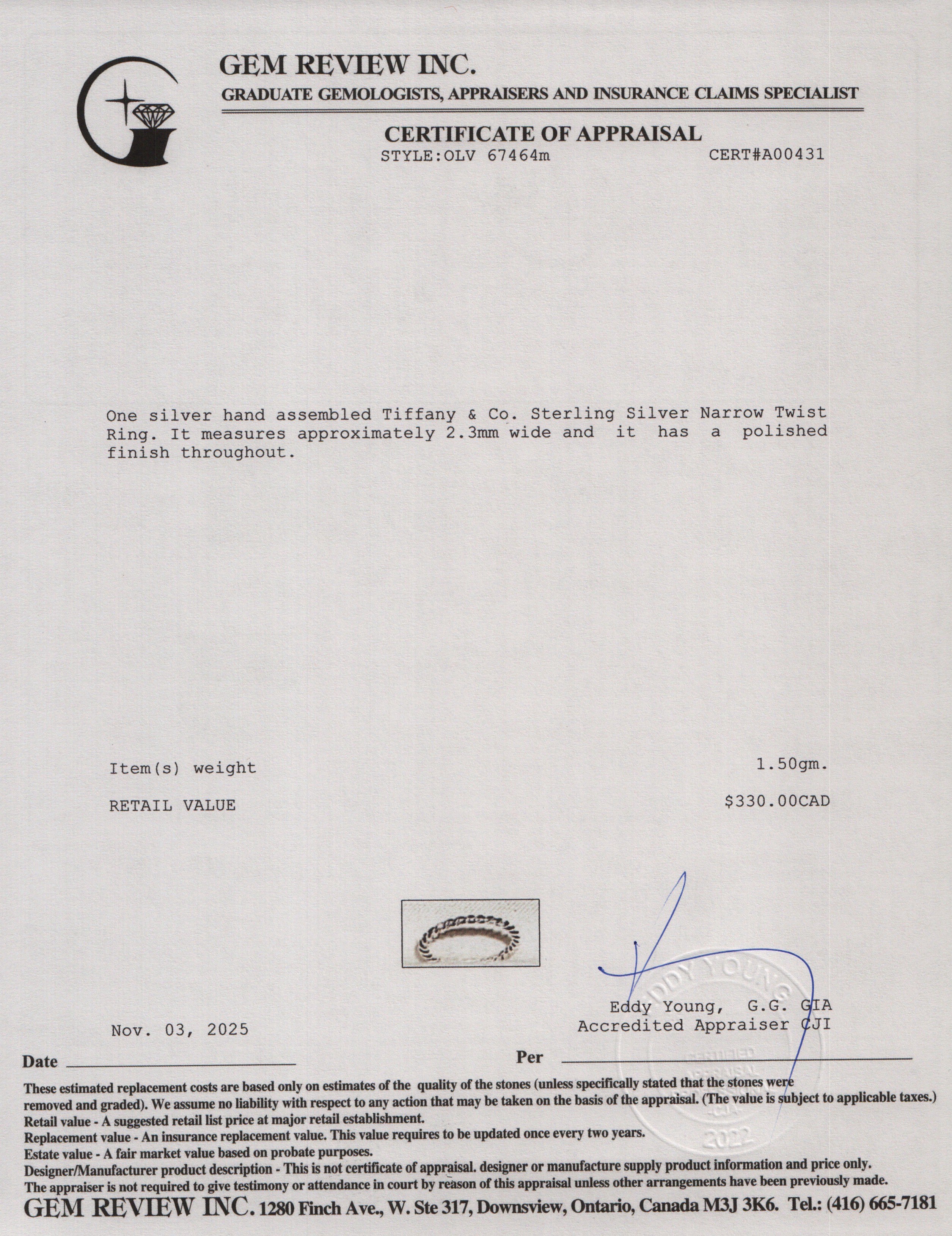 Tiffany & Co. Sterling Silver Twist Ring, Size 5.5