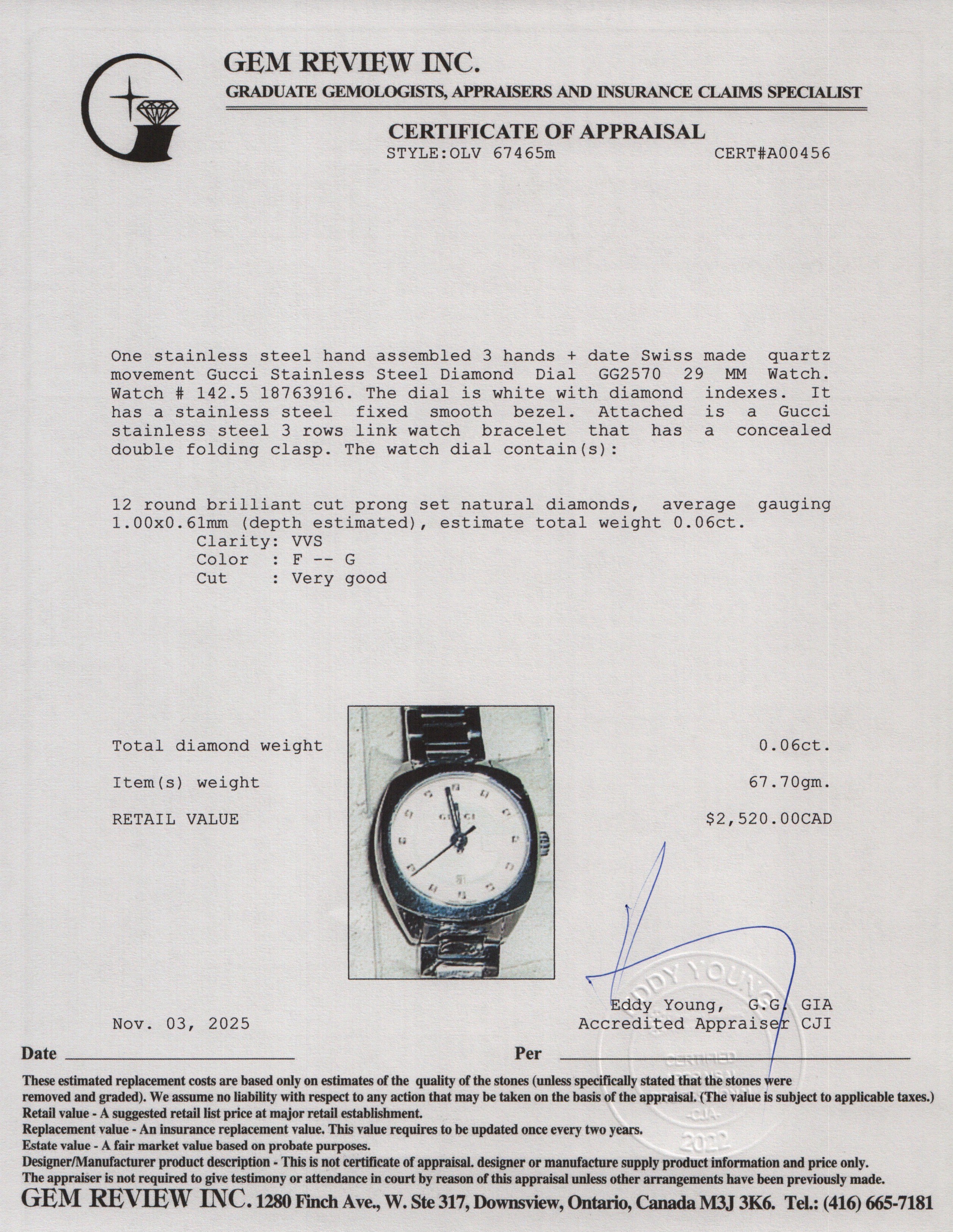 Gucci Stainless Steel GG2570 29 MM Quartz Watch White Diamond Dial