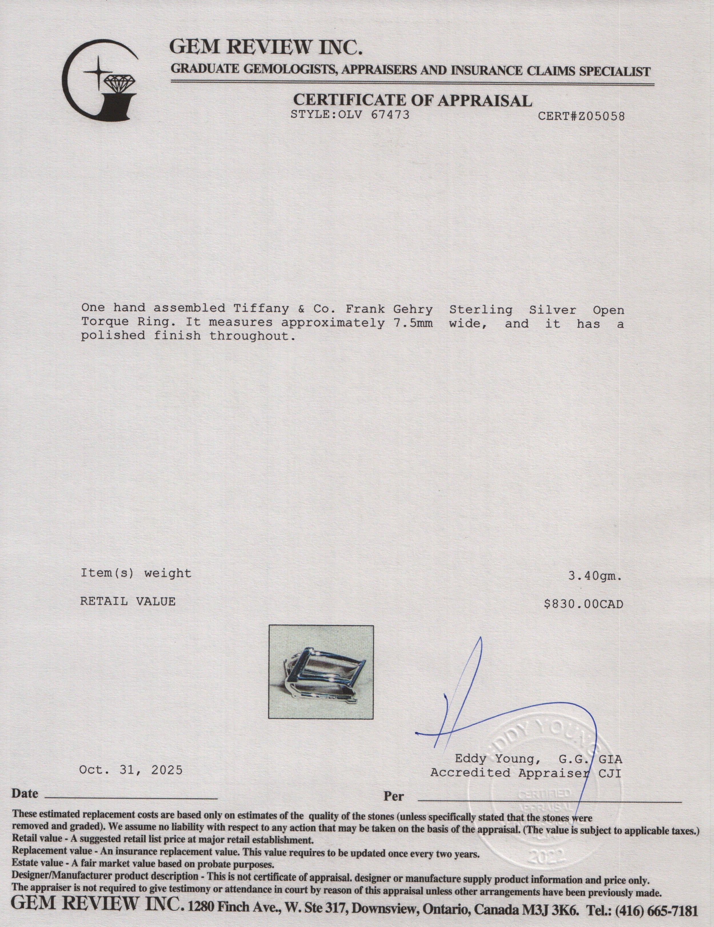 Tiffany & Co. Frank Gehry Sterling Silver Open Torque Ring, Size 5