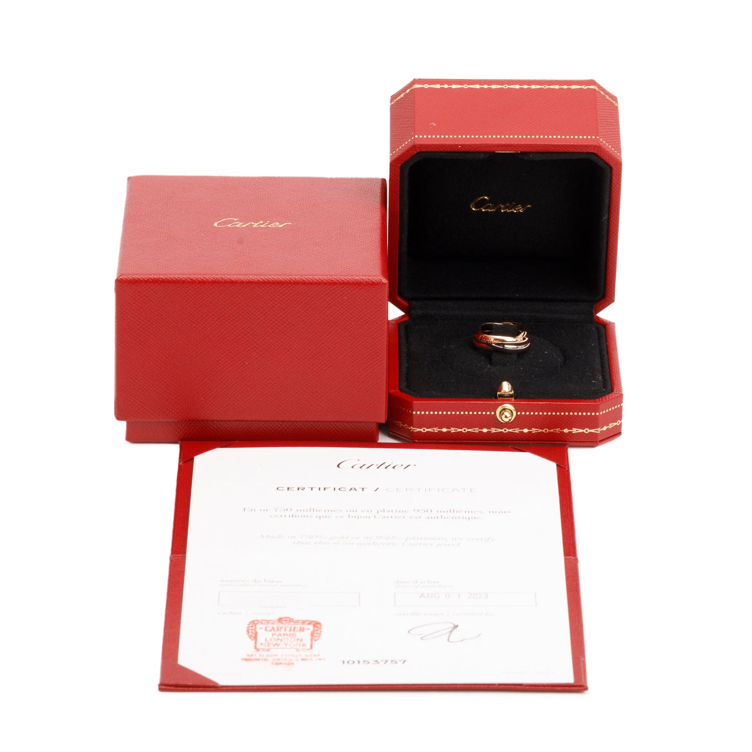 Cartier 2023 18k Tri-Gold Trinity Rolling Ring, Small Model Size 48 4.75 w/ Box & Certificate
