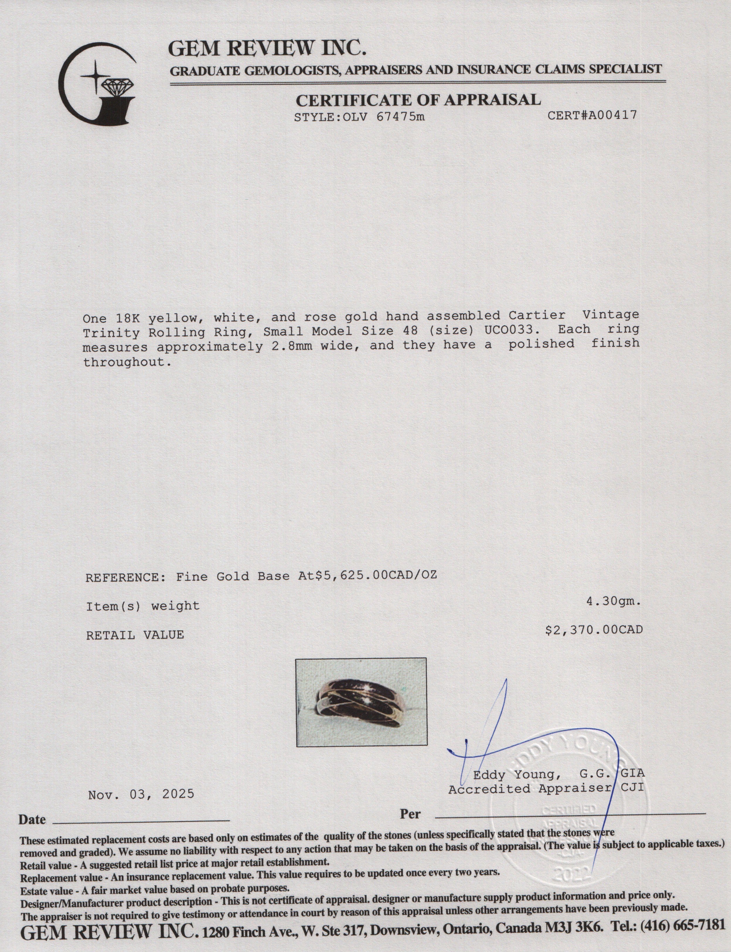 Cartier 2023 18k Tri-Gold Trinity Rolling Ring, Small Model Size 48 4.75 w/ Box & Certificate