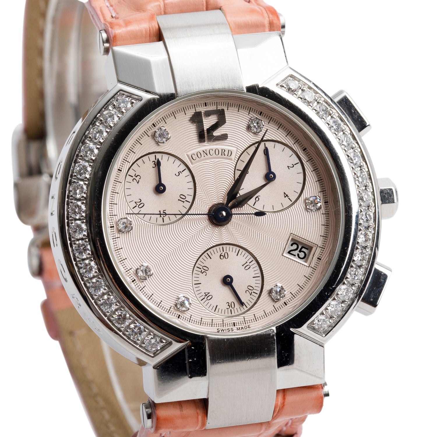 Concord Stainless Steel Diamond Bezel La Scala 38 MM Quartz Chronograph Watch Silver Diamond Dial w/ Box