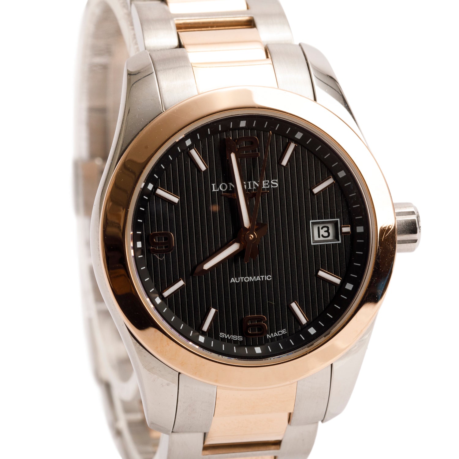 Longines Rose Gold-Plated & Stainless Steel Conquest 30 MM Automatic Watch Black Dial