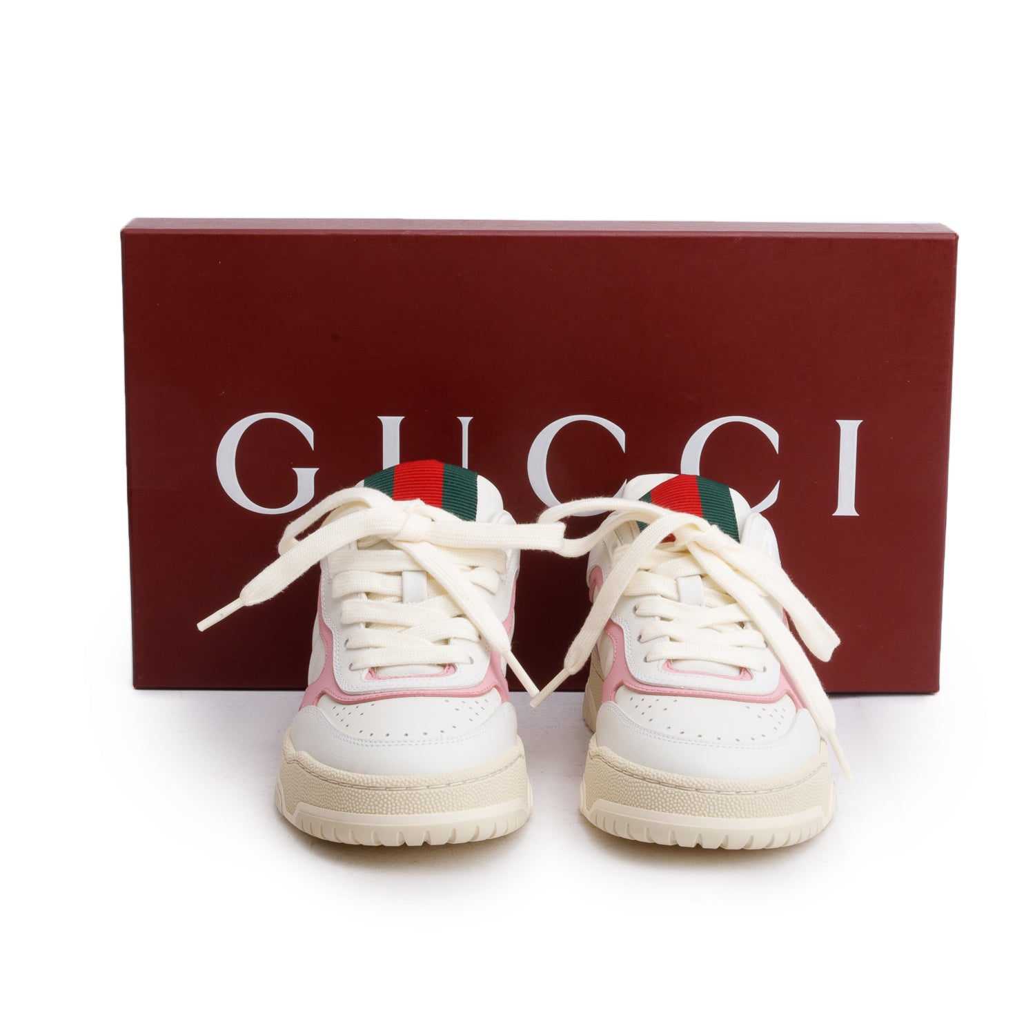 Gucci White Pink Leather Re-Web Sneakers, Size 35 w/ Box