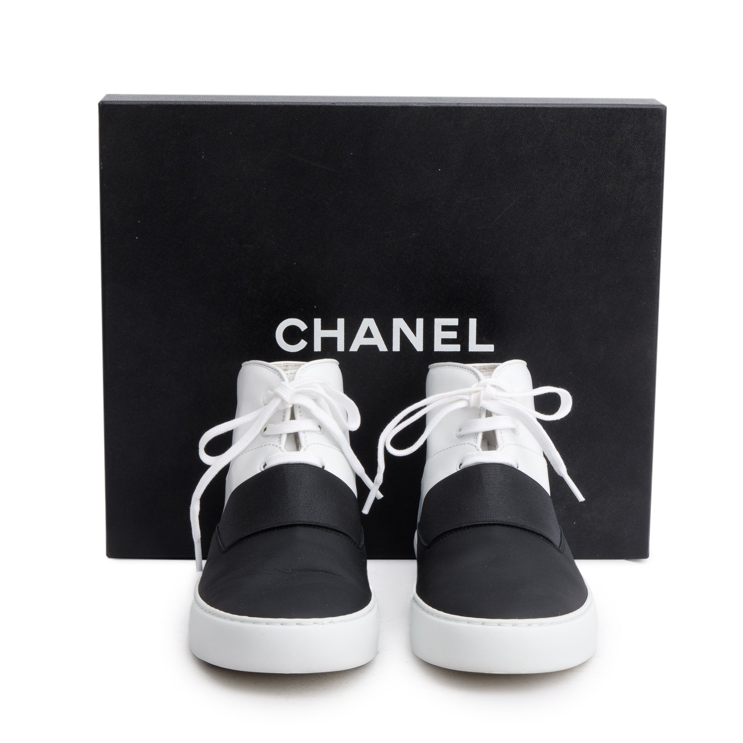 Chanel Black/White Lambskin Leather Interlocking CC Logo High Top Sneakers, Size 37 w/ Box & Receipt