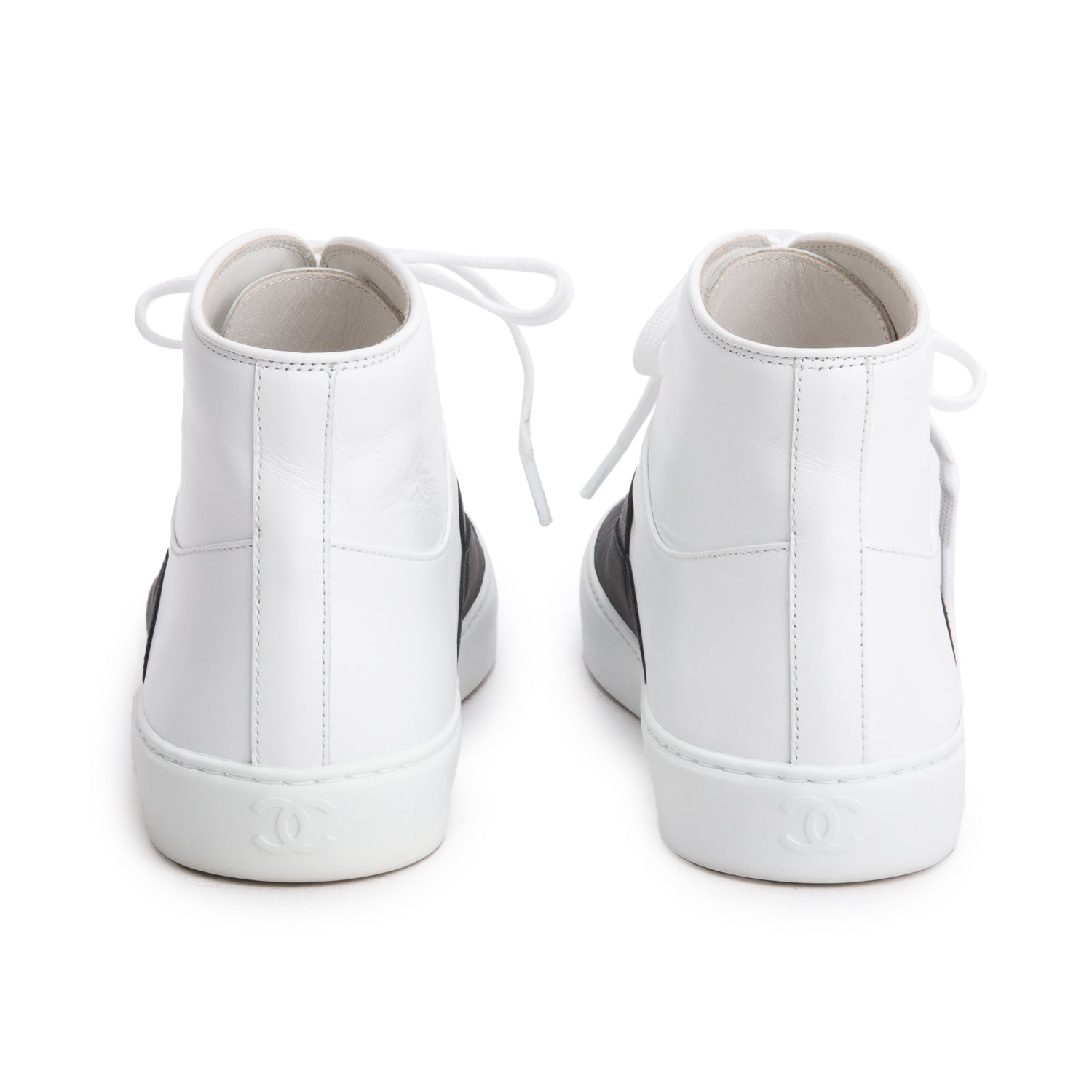 Chanel Black/White Lambskin Leather Interlocking CC Logo High Top Sneakers, Size 37 w/ Box & Receipt