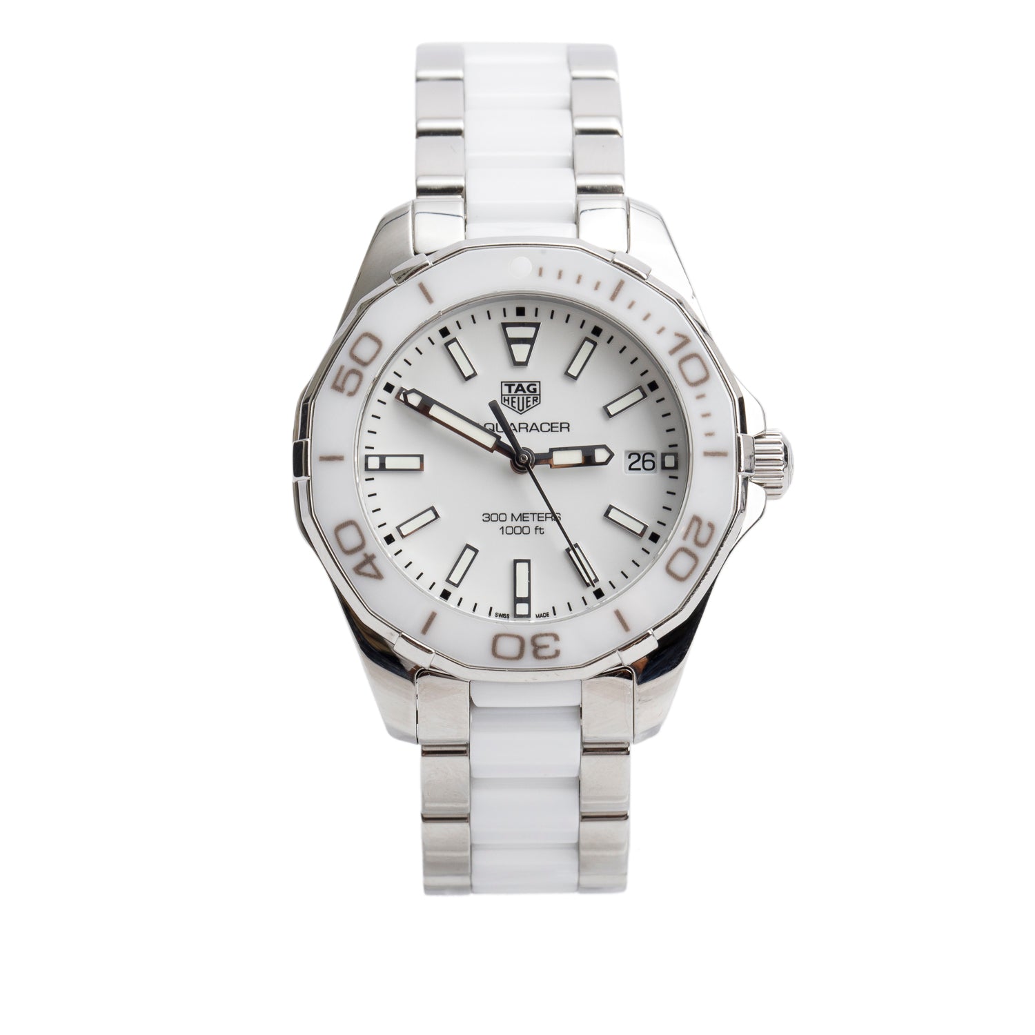 Tag Heuer Stainless Steel & White Ceramic Aquaracer 35 MM Quartz Watch WAY131B w/ Box & Papers