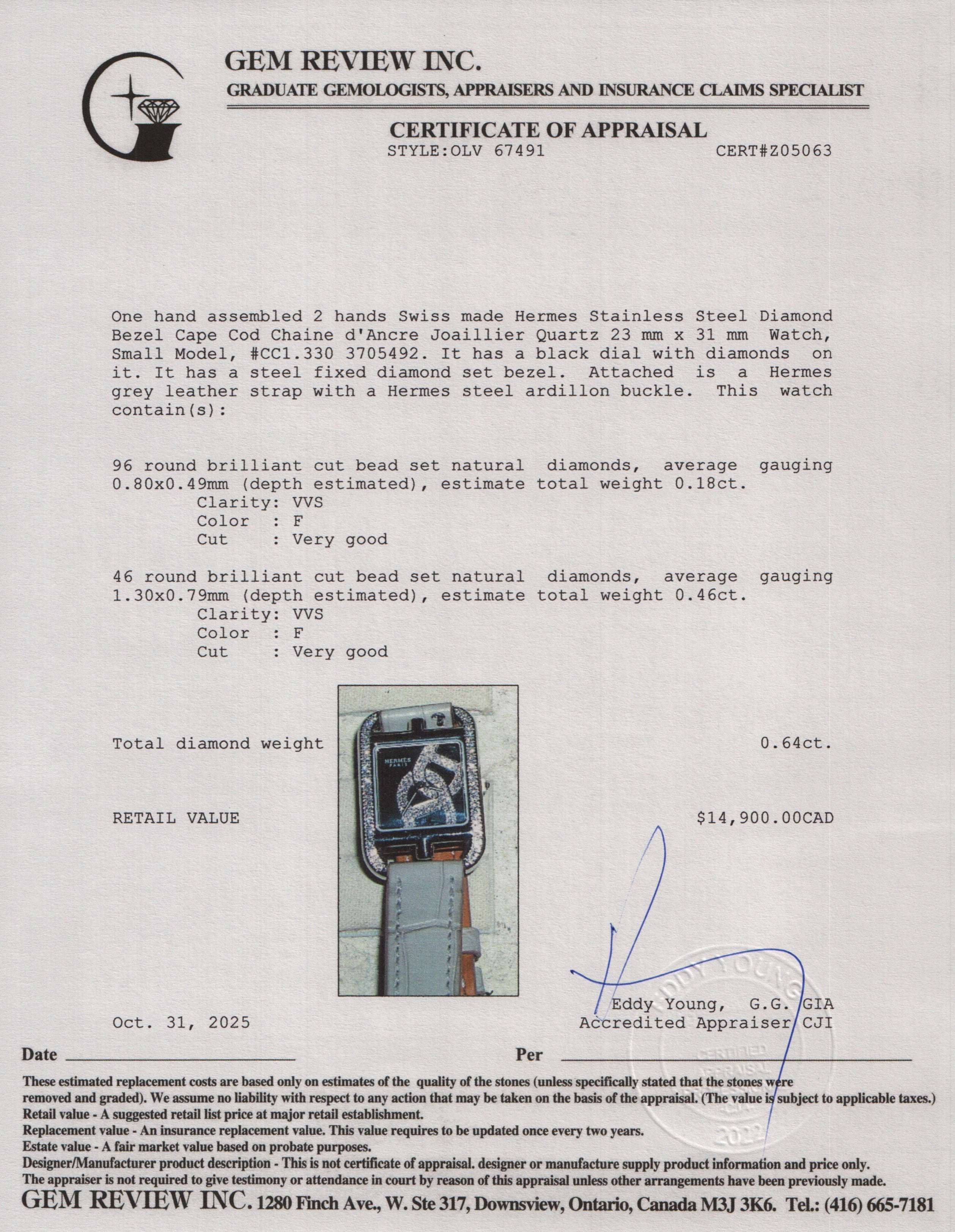 Hermes Stainless Steel Diamond Bezel Cape Cod Chaine d'Ancre Joaillier Quartz Watch, Small Model