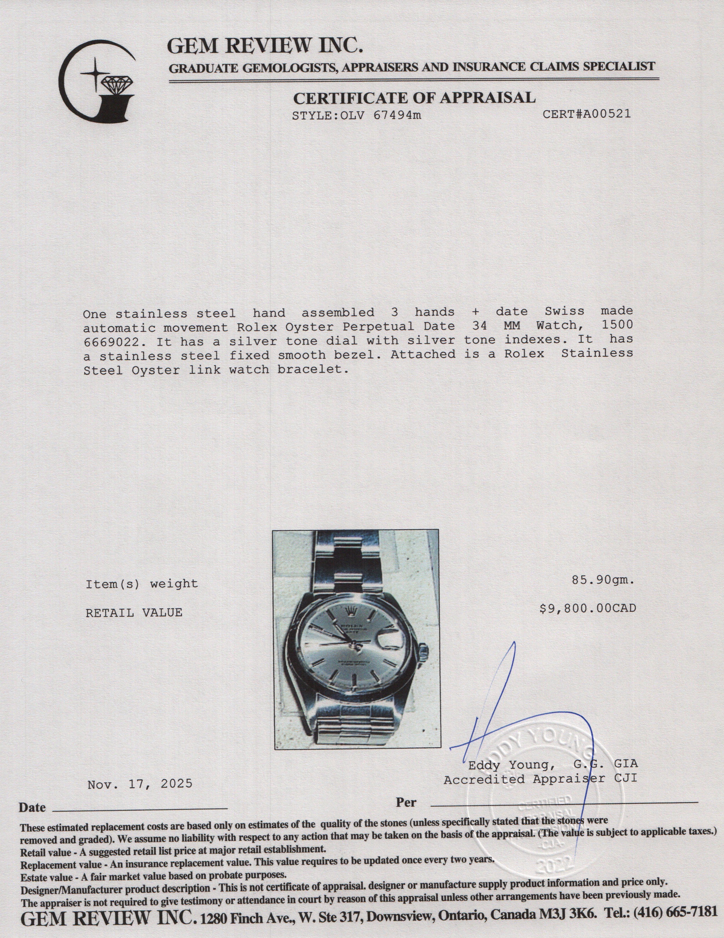 Rolex Stainless Steel Oyster Perpetual Date 34 MM Watch Silver Dial 1500