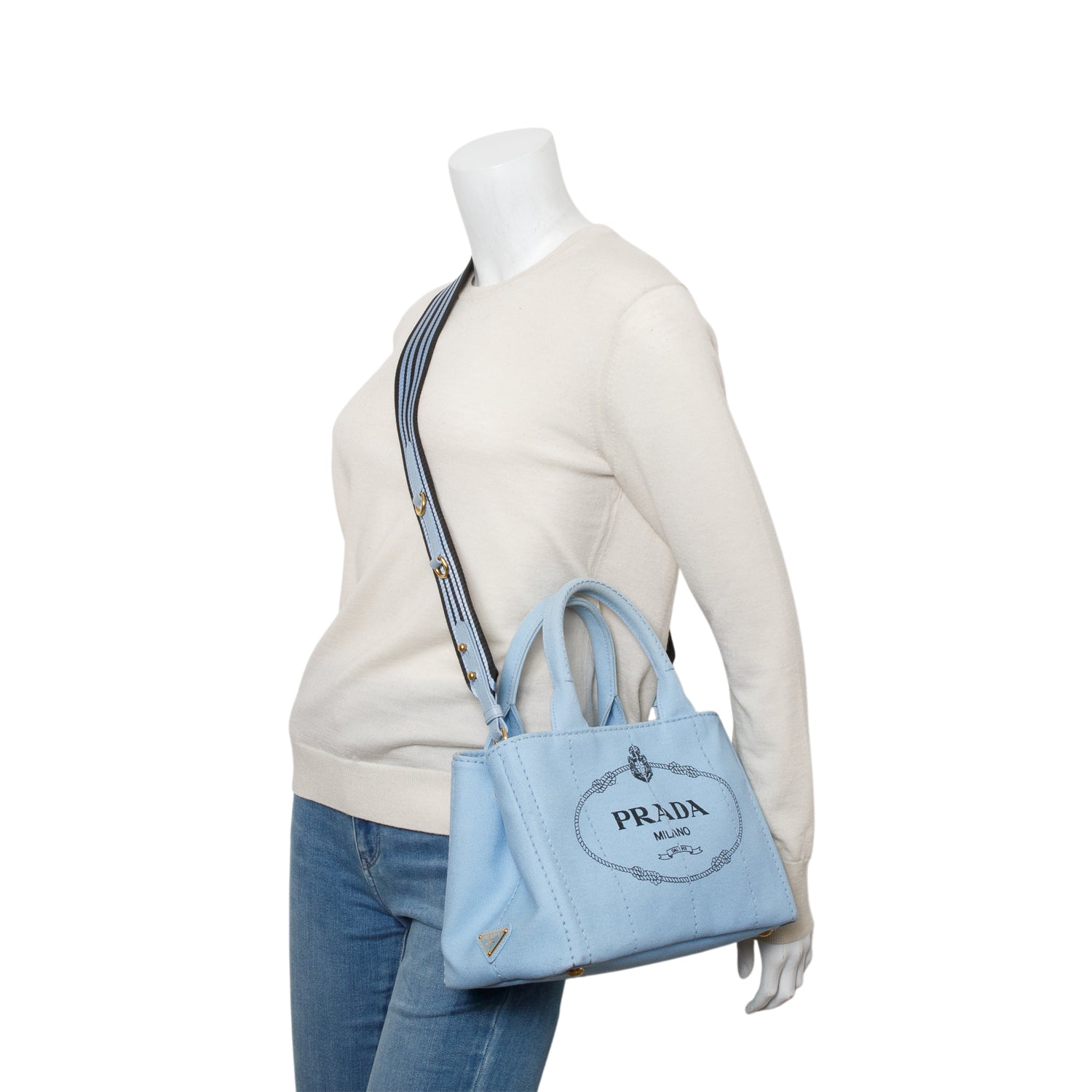Prada Blue Canvas Small Canapa Logo Tote w/ Strap & Authenticity Card