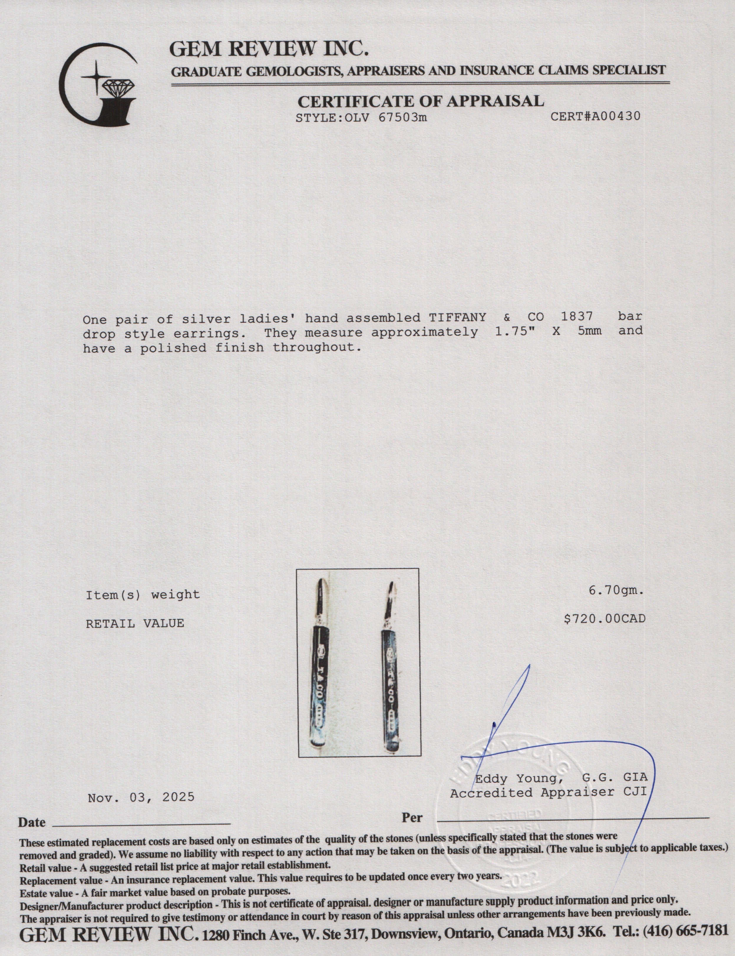 Tiffany & Co. Sterling Silver 1837 Bar Drop Earrings