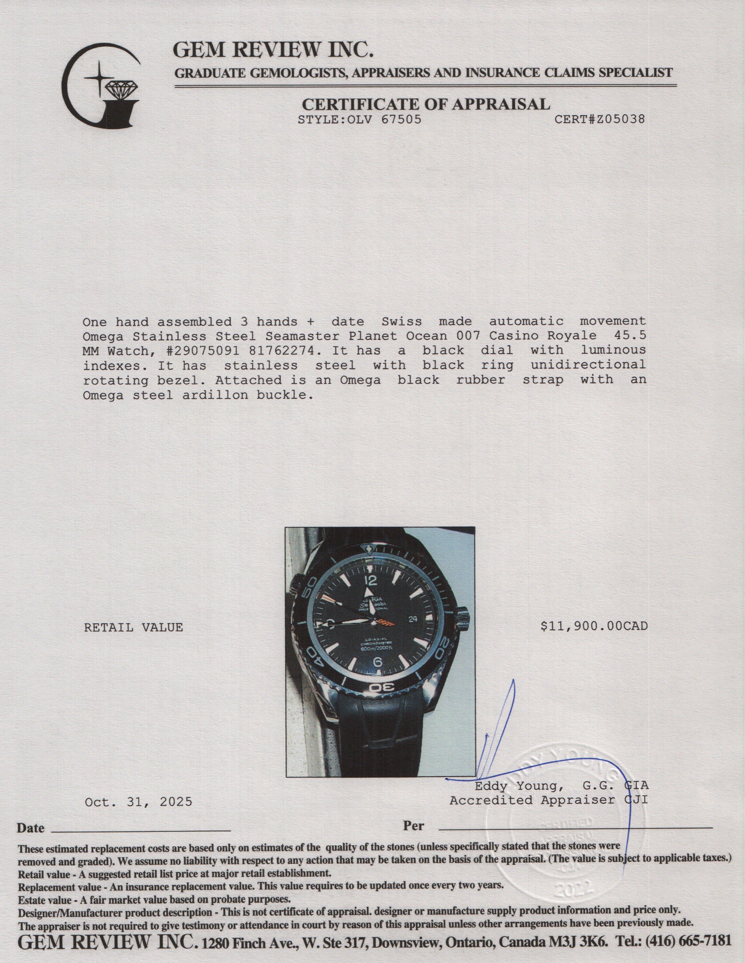 Omega Stainless Steel Seamaster Planet Ocean 007 Casino Royale 45.5 MM Watch w/ Box & Papers