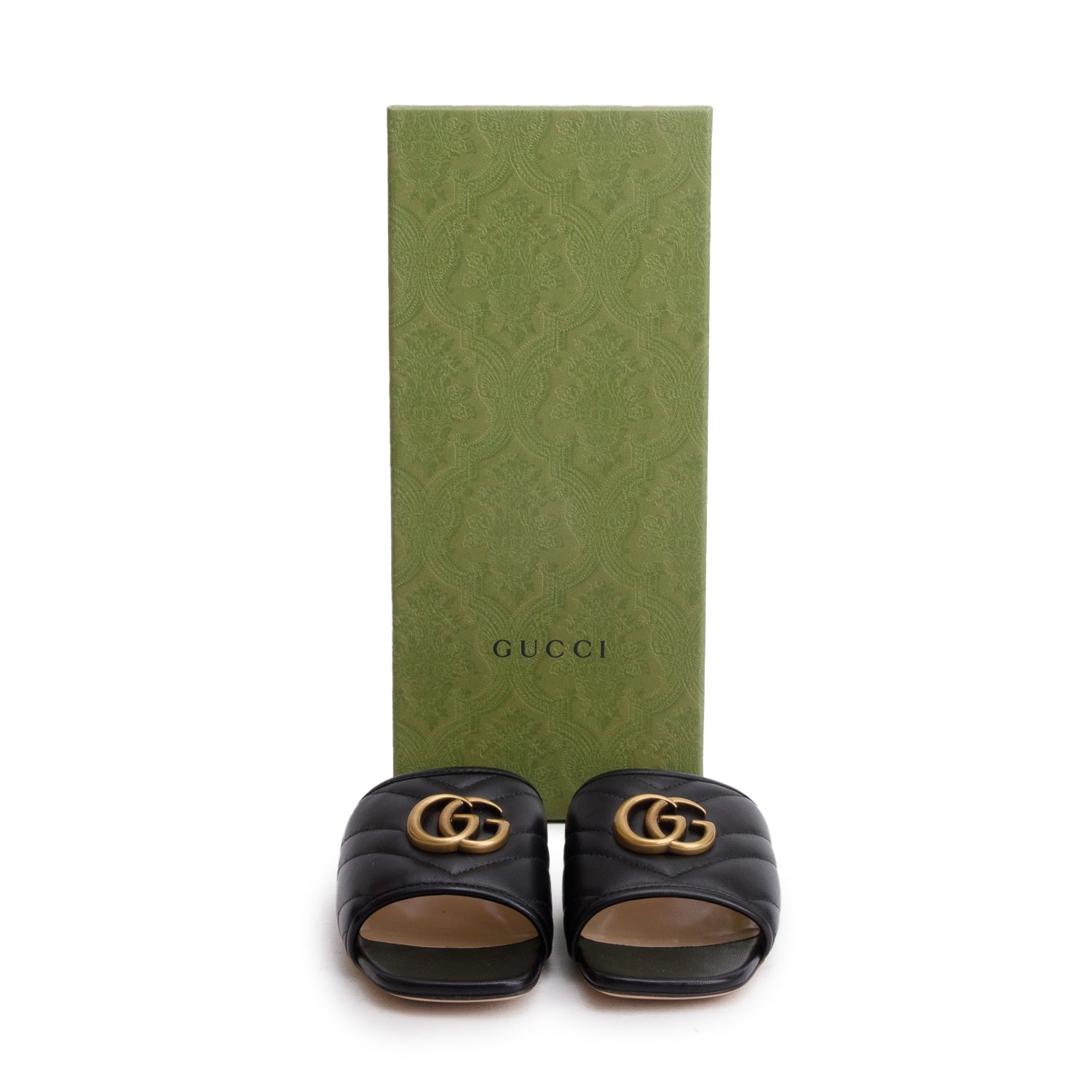 Gucci Black Nappa Charlotte GG Marmont Double G Logo Sandals, Size 34.5 w/ Box