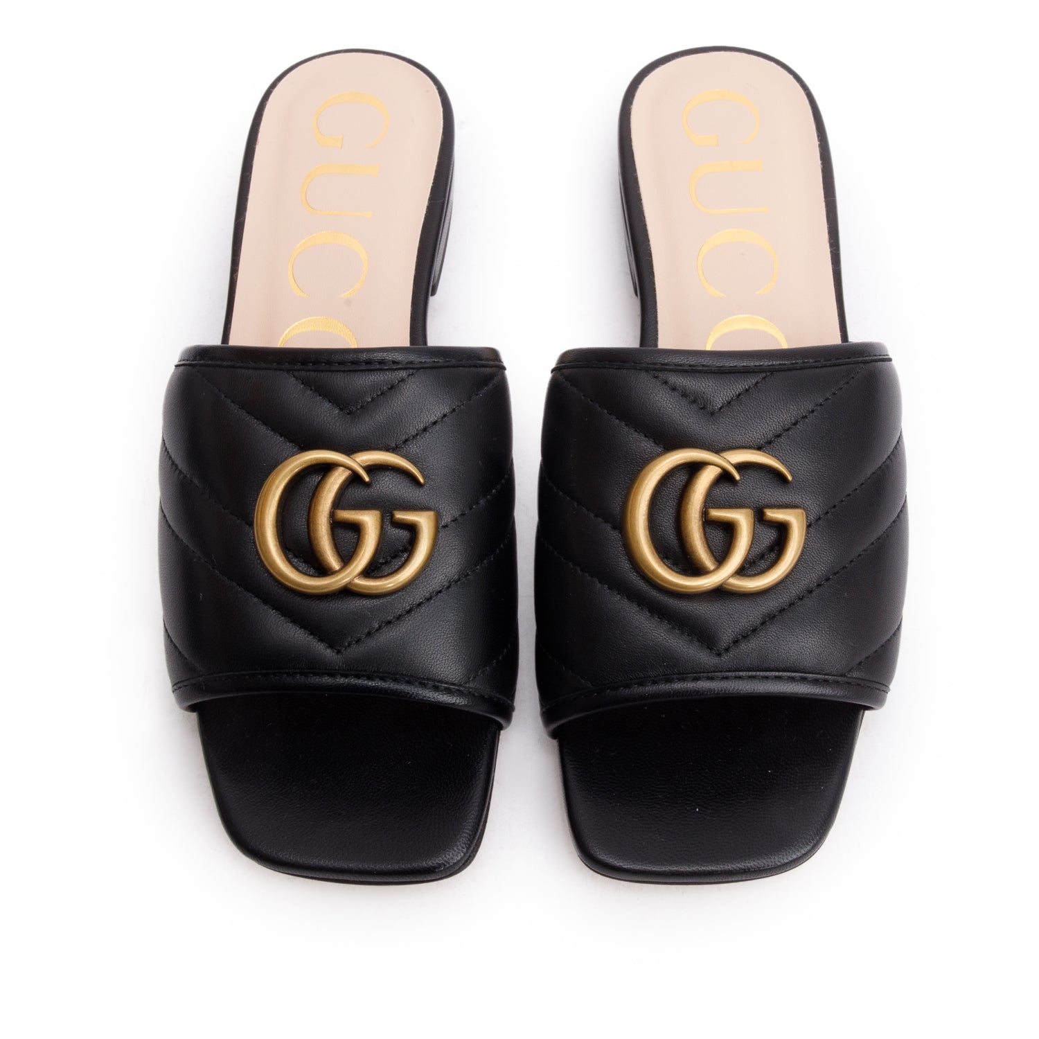 Gucci Black Nappa Charlotte GG Marmont Double G Logo Sandals, Size 34.5 w/ Box