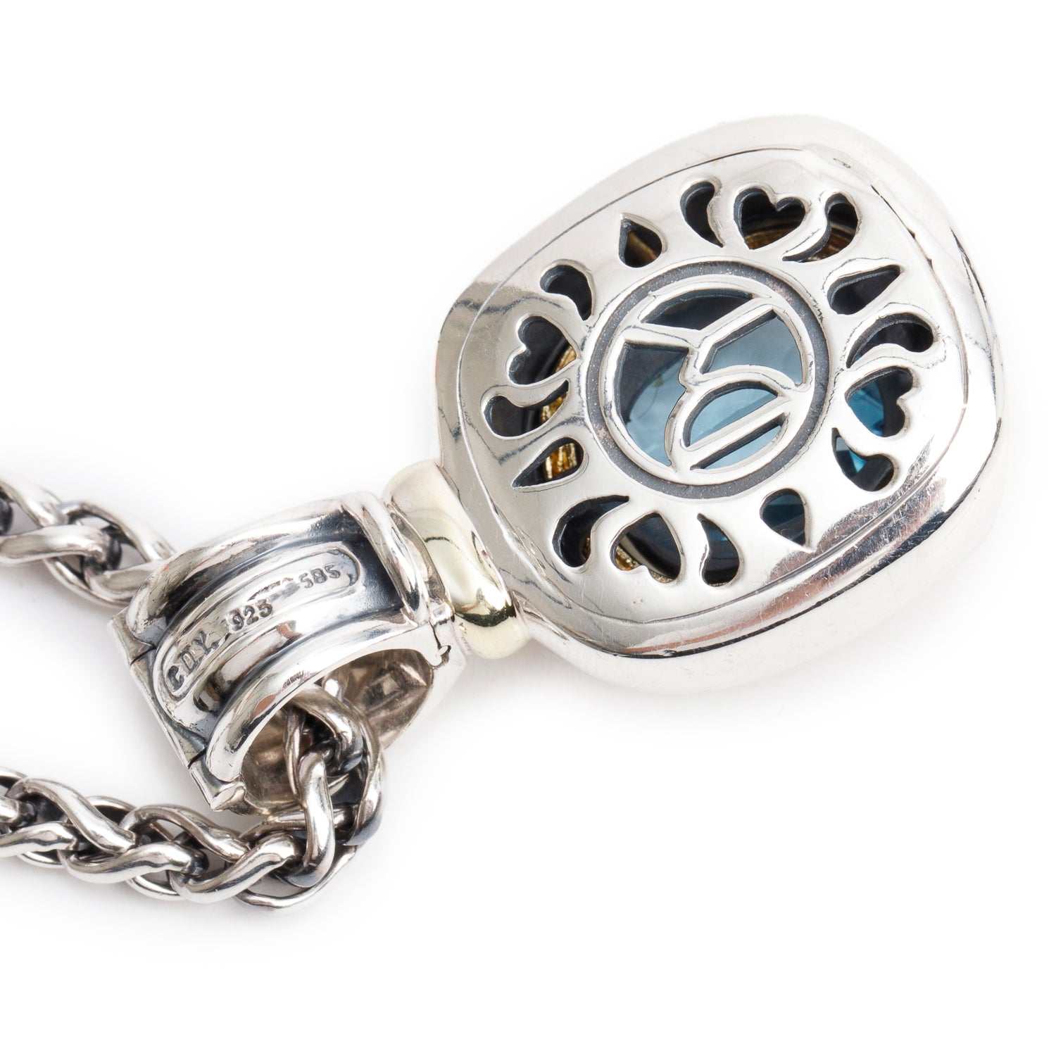 David Yurman Sterling Silver & 14k Yellow Gold Blue Topaz Enhancer Pendant Necklace