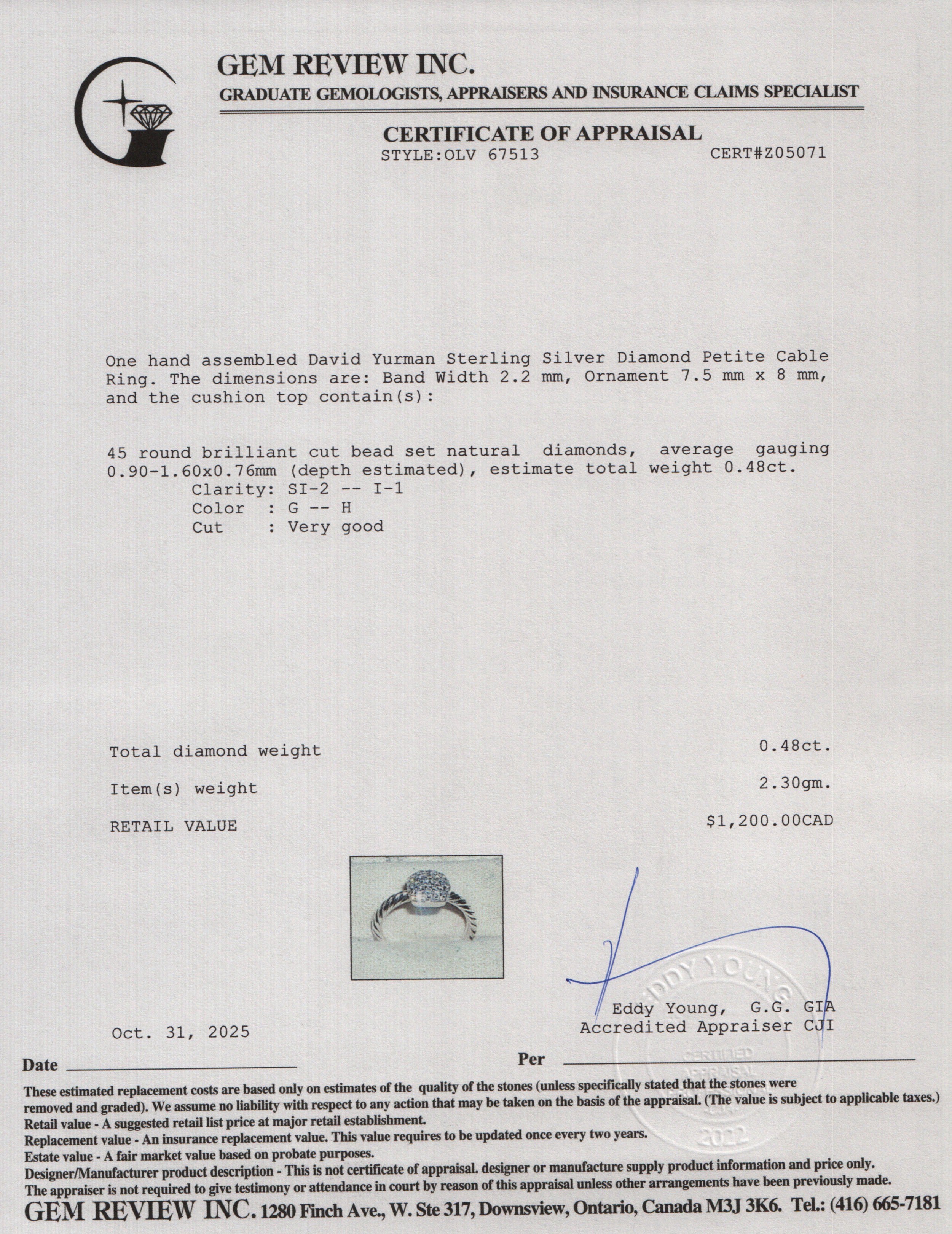 David Yurman Sterling Silver Diamond Petite Cable Ring, Size 4.75