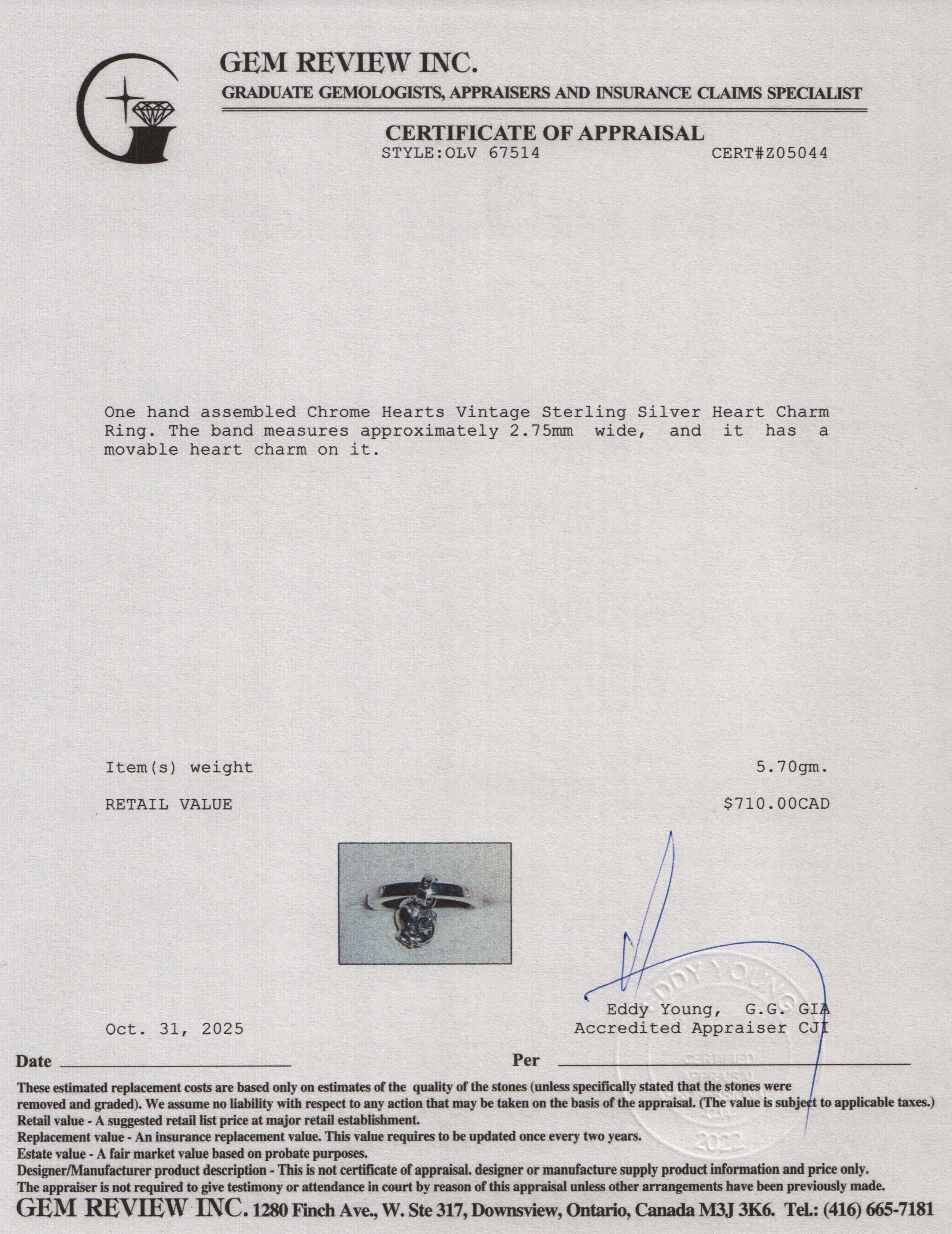 Chrome Hearts Vintage Sterling Silver Heart Charm Ring, Size 4.5