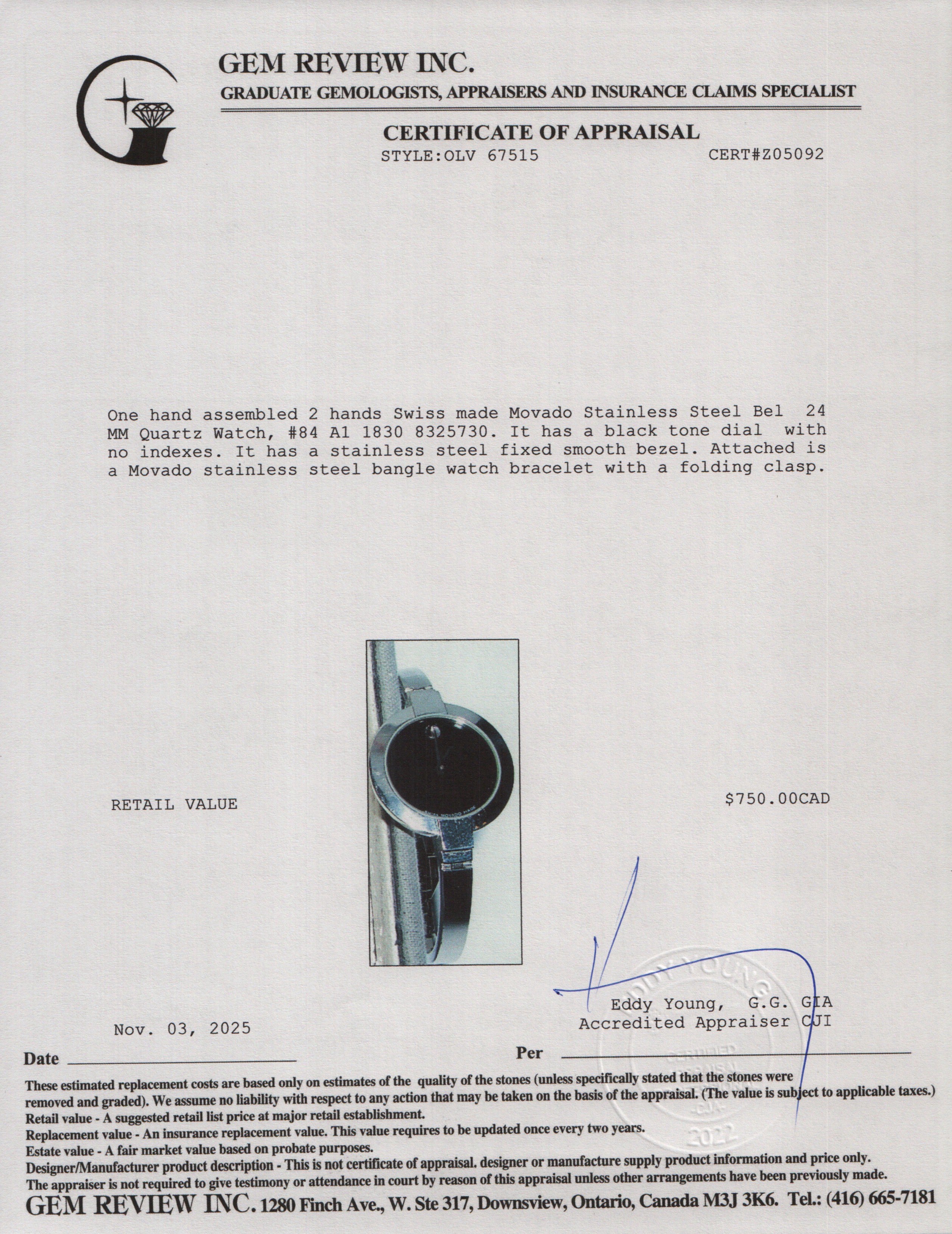 Movado Stainless Steel Bel 24 MM Quartz Watch