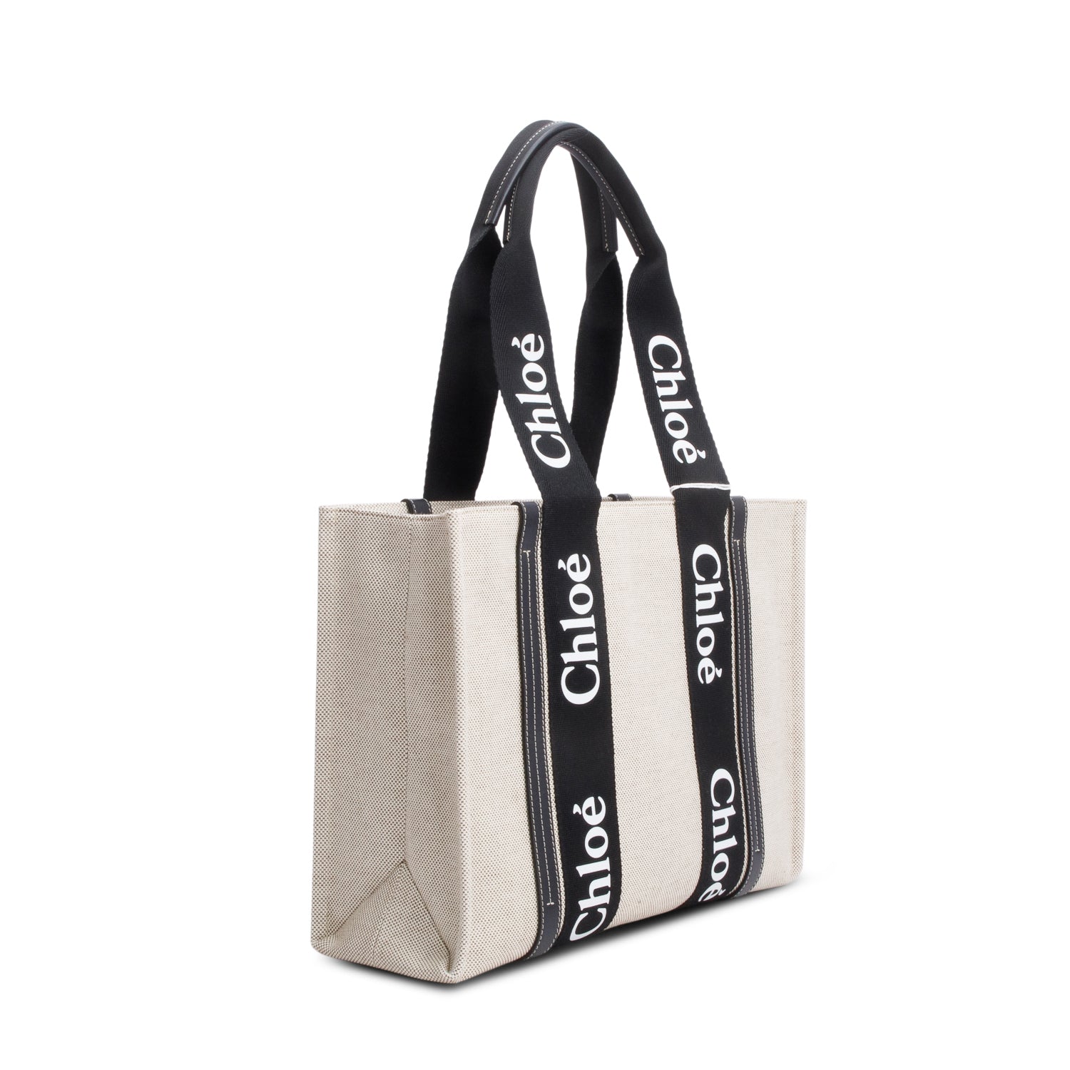 Chloe 2022 Beige/Black Cotton Calfskin Canvas Medium Woody Shopping Tote