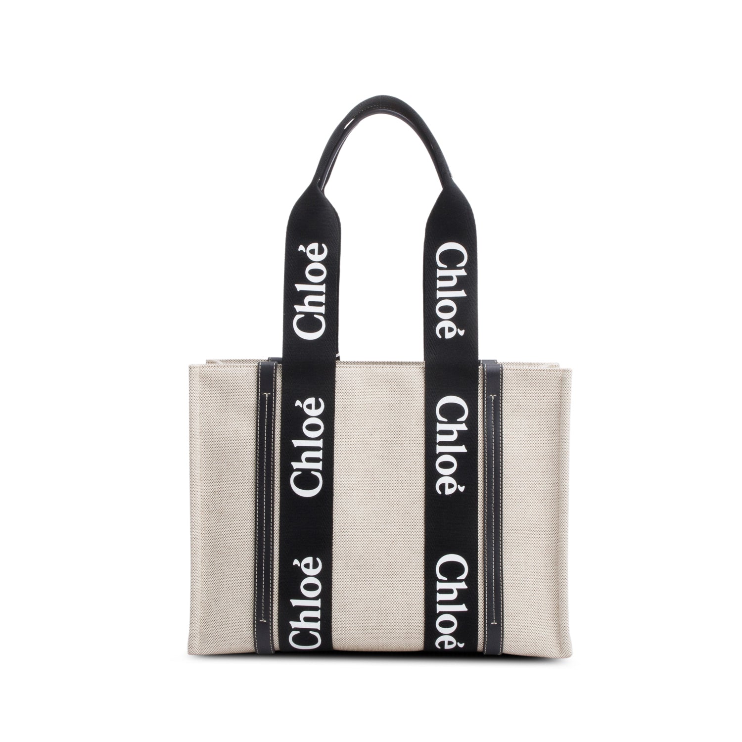 Chloe 2022 Beige/Black Cotton Calfskin Canvas Medium Woody Shopping Tote