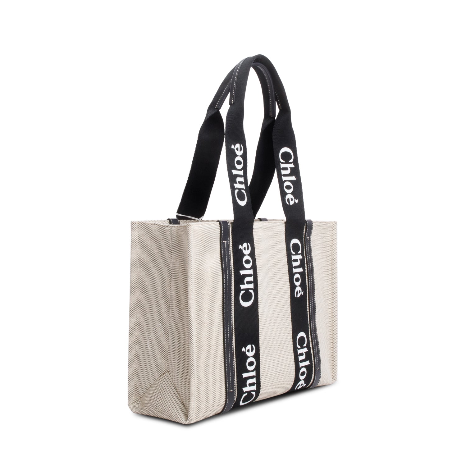 Chloe 2022 Beige/Black Cotton Calfskin Canvas Medium Woody Shopping Tote