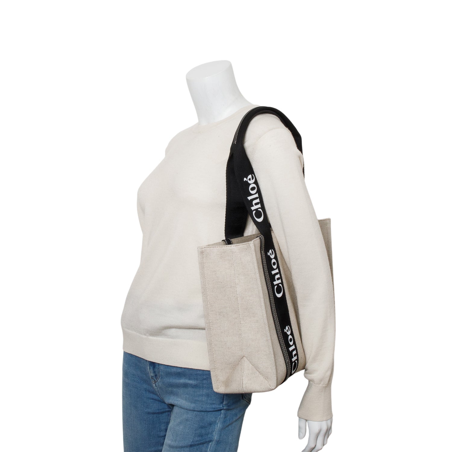 Chloe 2022 Beige/Black Cotton Calfskin Canvas Medium Woody Shopping Tote