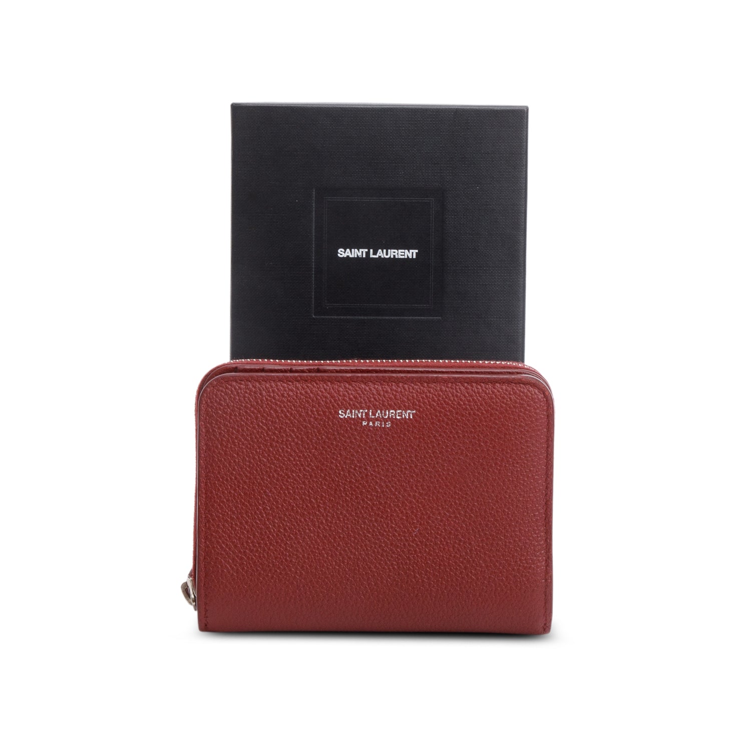 Saint Laurent Burgundy Grain de Poudre Paris Compact Zip Around Wallet w/ Box