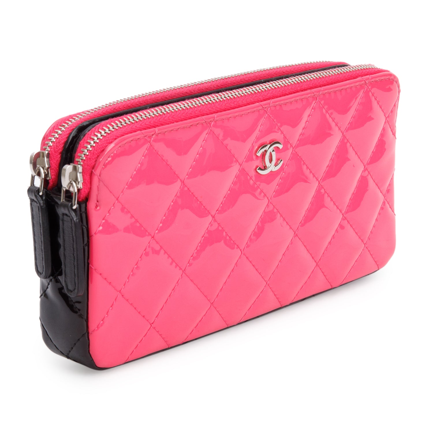 Chanel Pink/Black Patent Leather Quilted Diamond Small CC Double Zip Clutch w/ Chain & Receipt