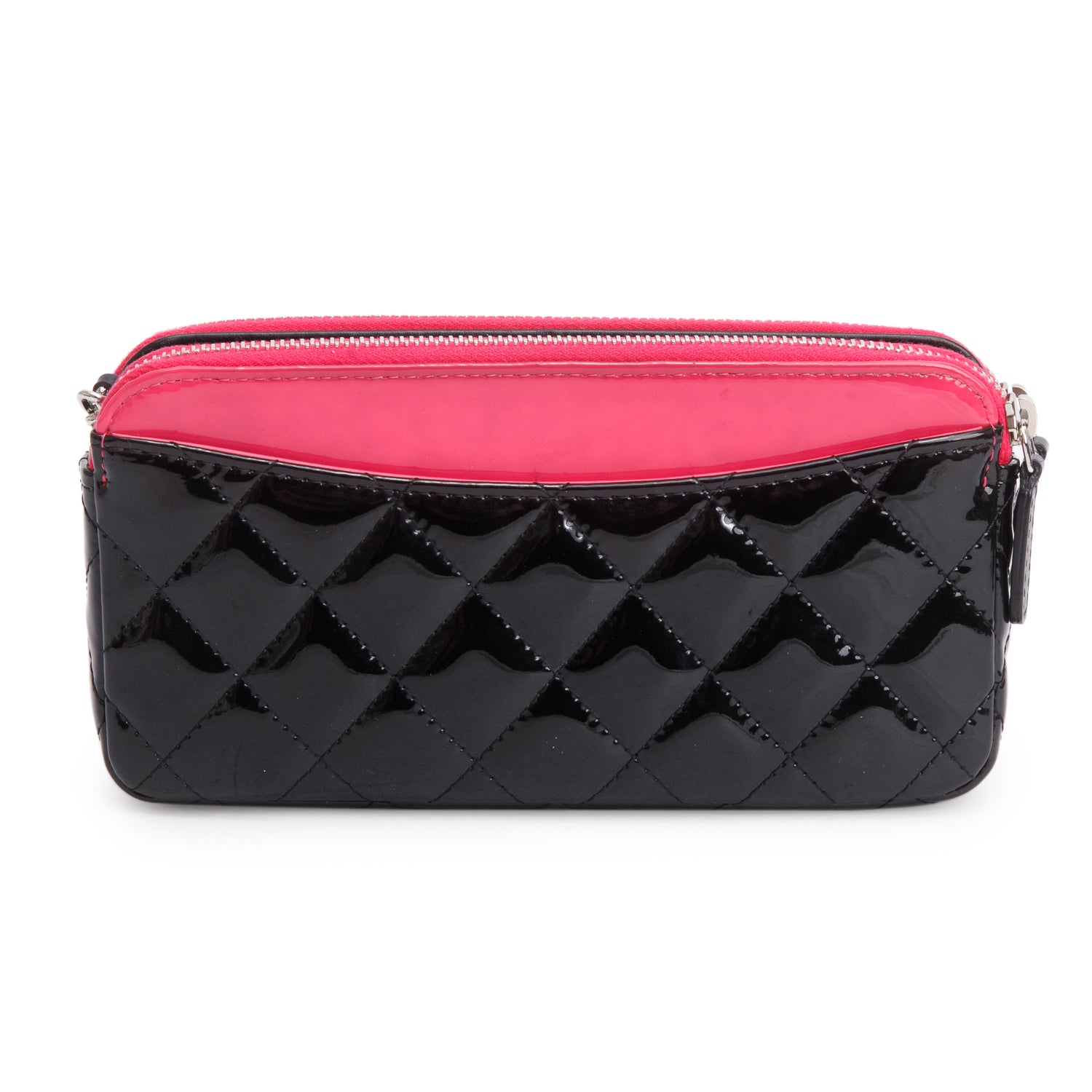 Chanel Pink/Black Patent Leather Quilted Diamond Small CC Double Zip Clutch w/ Chain & Receipt