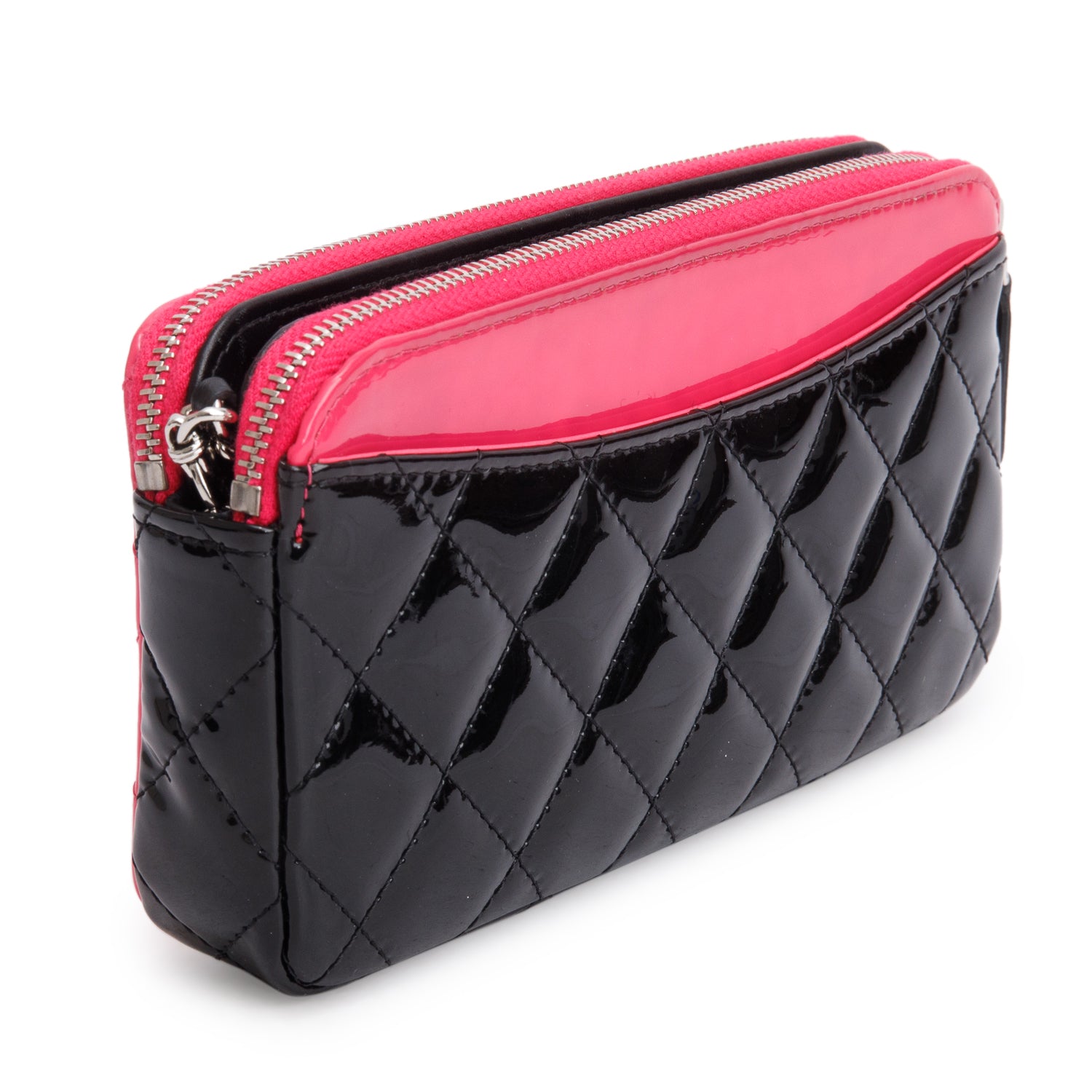 Chanel Pink/Black Patent Leather Quilted Diamond Small CC Double Zip Clutch w/ Chain & Receipt