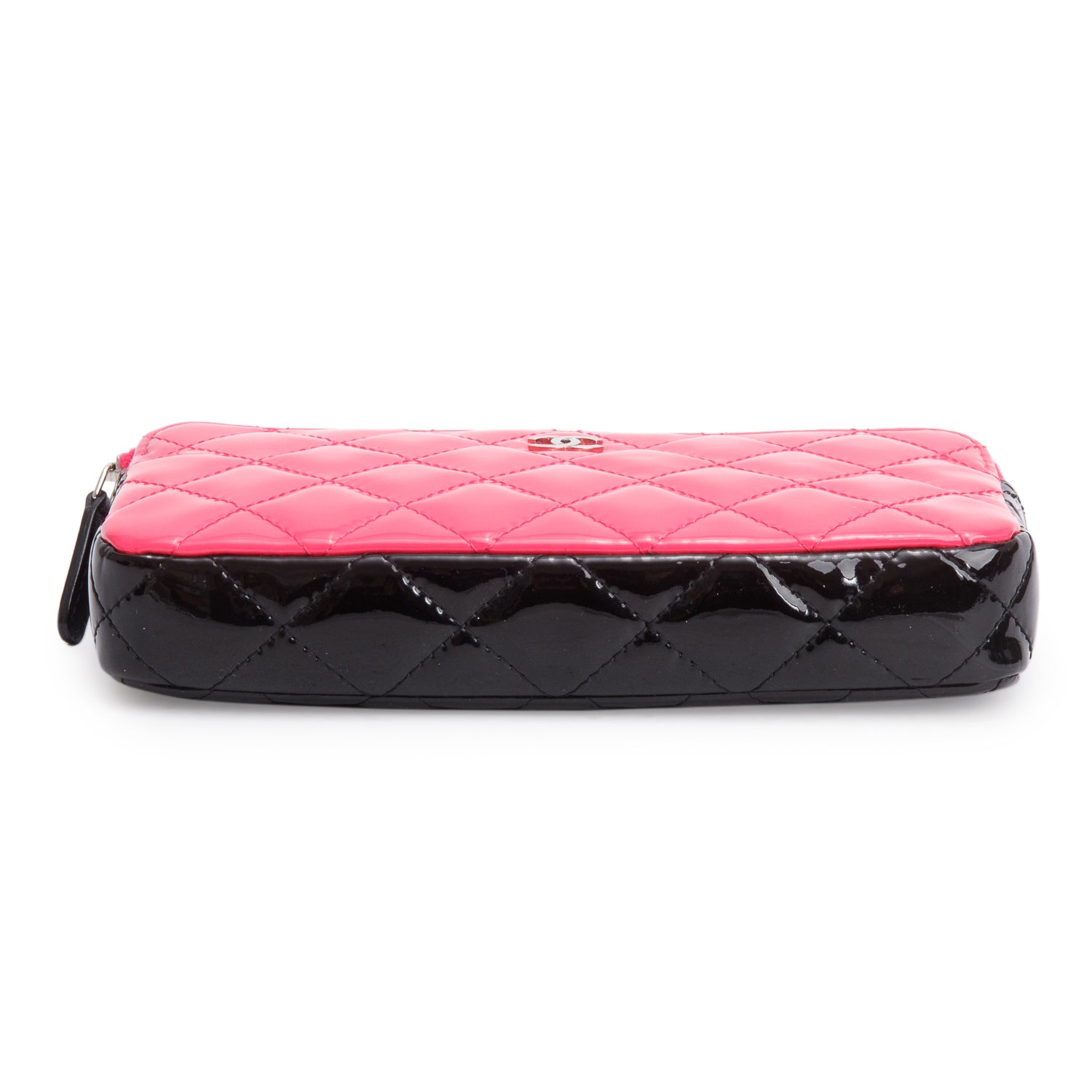 Chanel Pink/Black Patent Leather Quilted Diamond Small CC Double Zip Clutch w/ Chain & Receipt