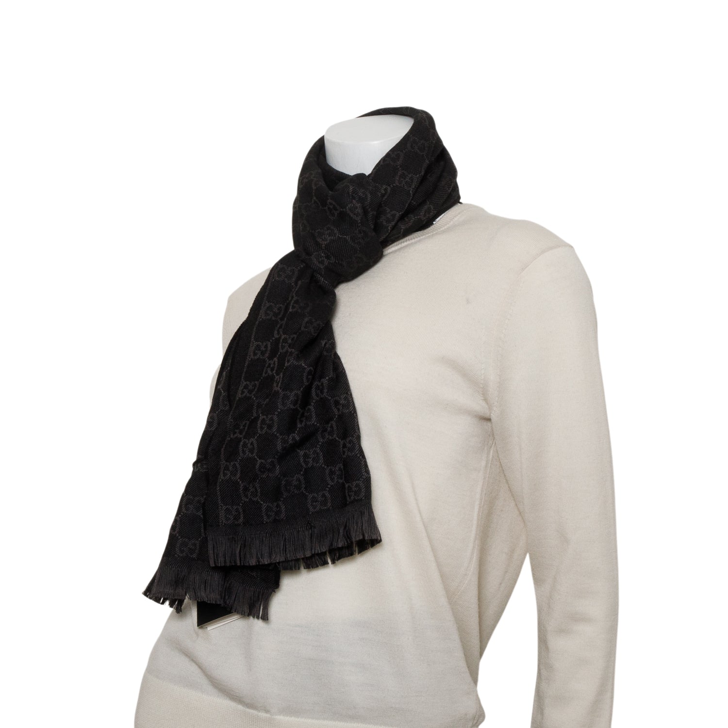 Gucci Black/Grey Wool GG Monogram Fringe Scarf w/ Box