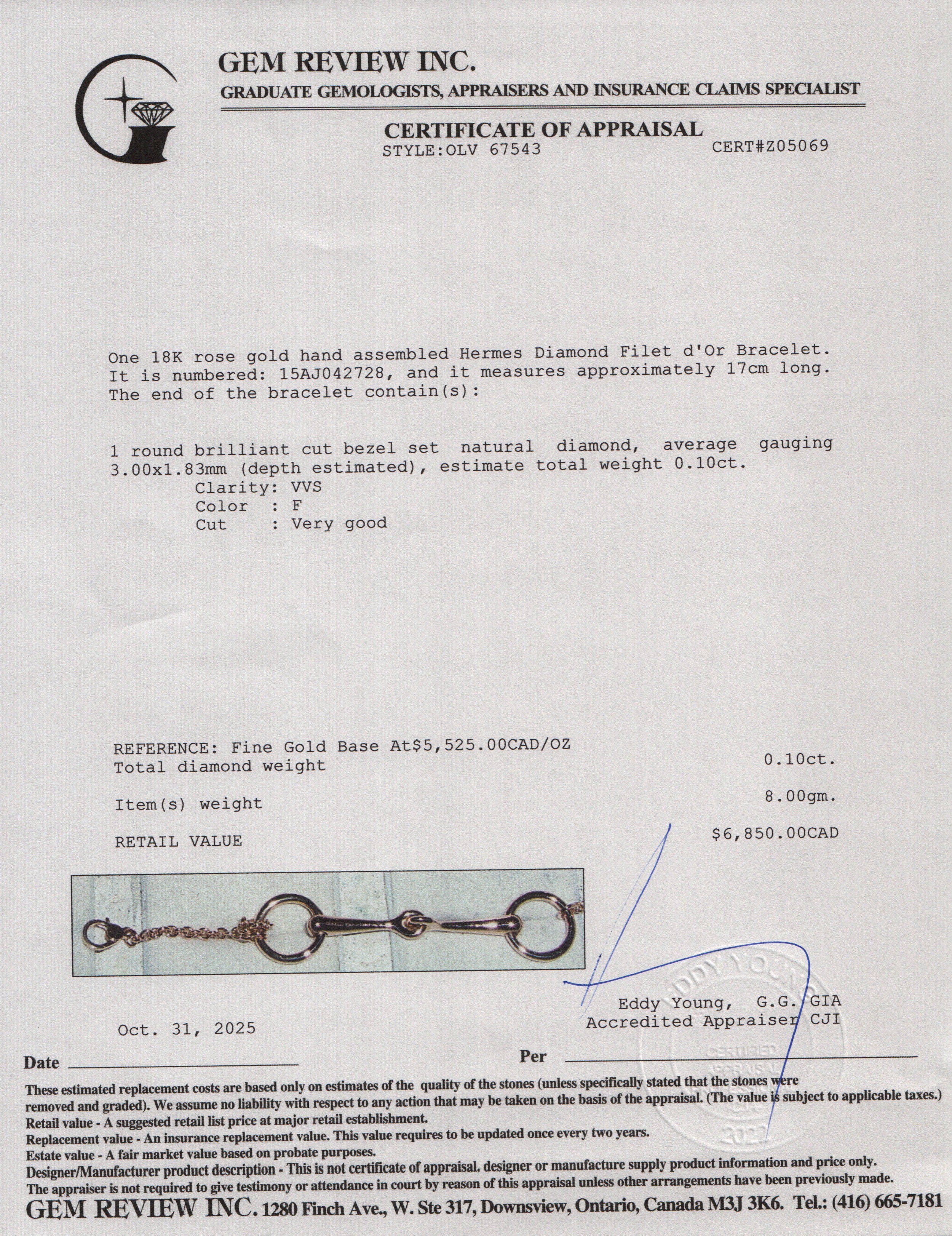 Hermes 18k Rose Gold Diamond Filet d'Or Bracelet