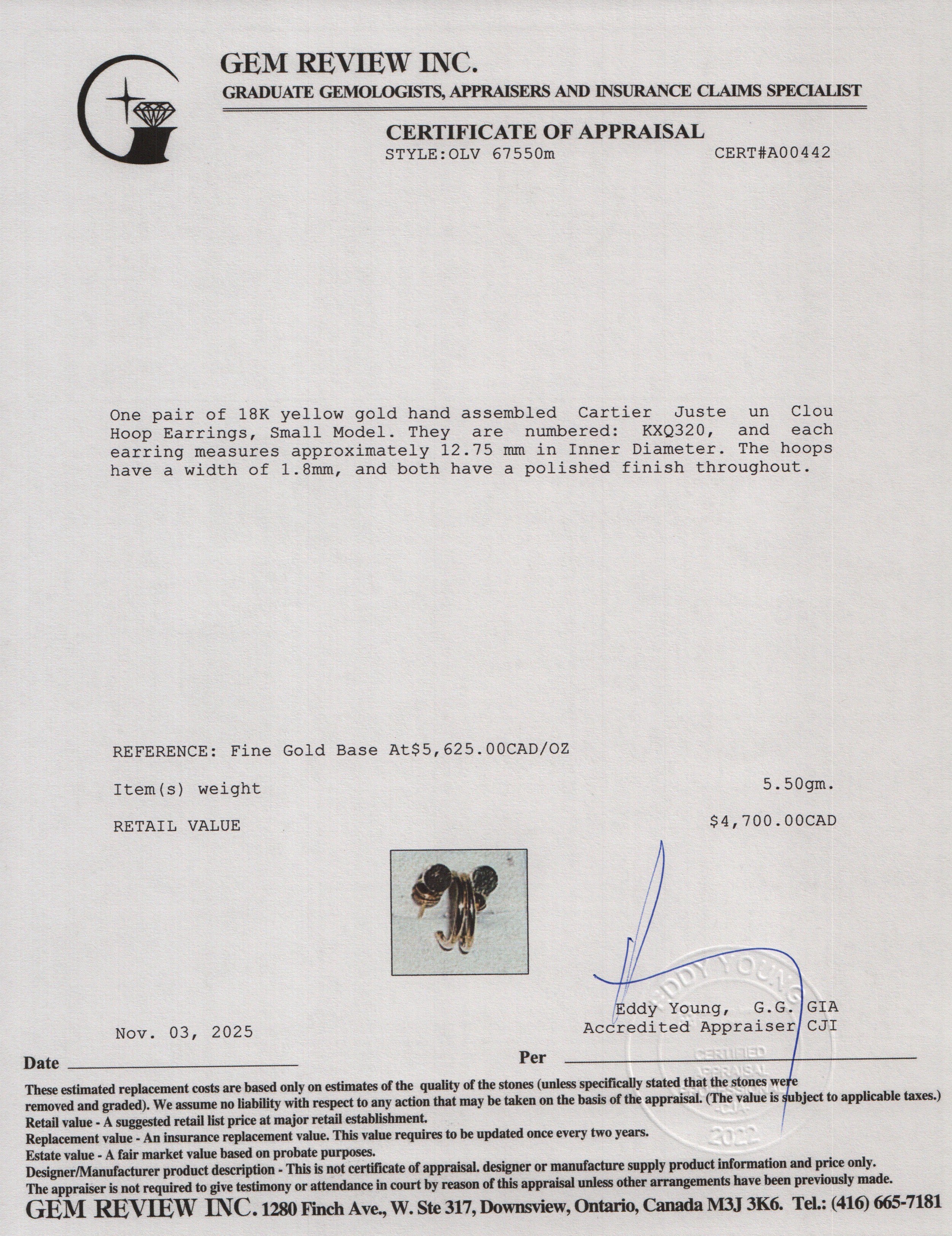 Cartier 18k Yellow Gold Juste un Clou Hoop Earrings, Small Model