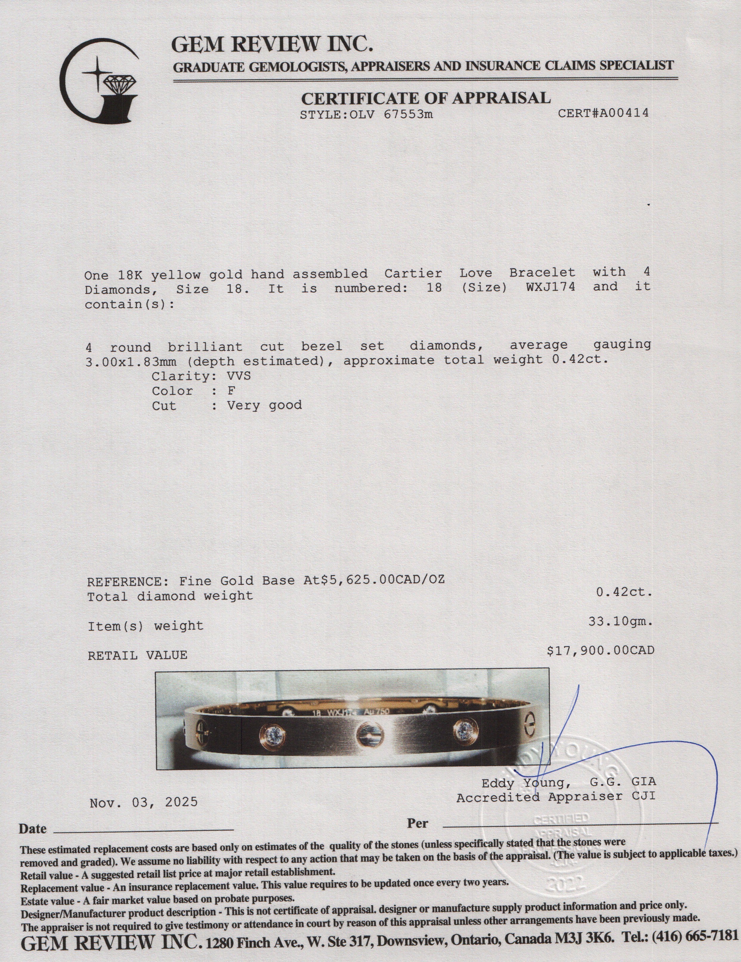 Cartier 2025 18k Brushed Yellow Gold Love Bracelet with 4 Diamonds, Size 18 w/ Box, Receipt & Certificate