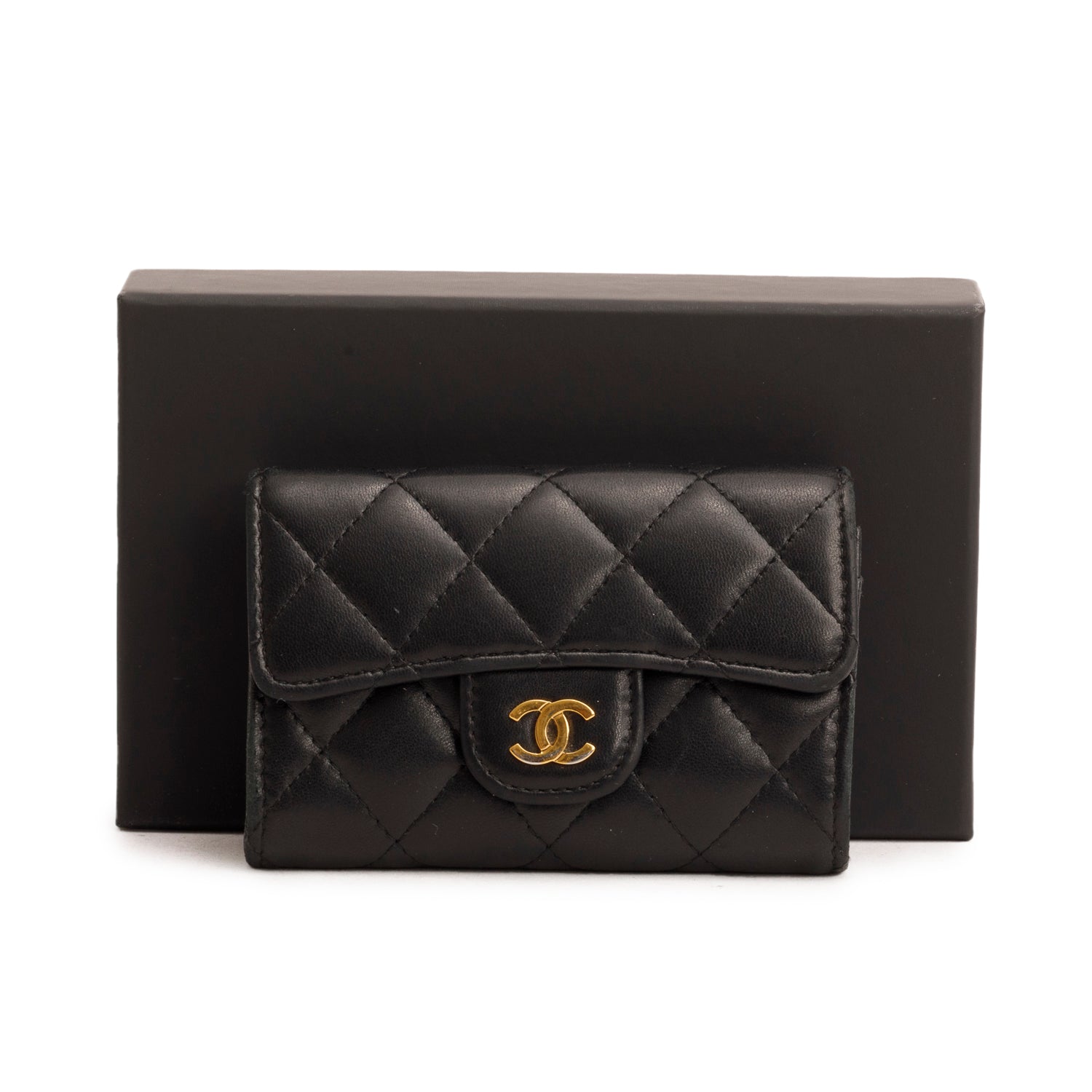 Chanel Black Lambskin Quilted Flap Card Holder w/ Box