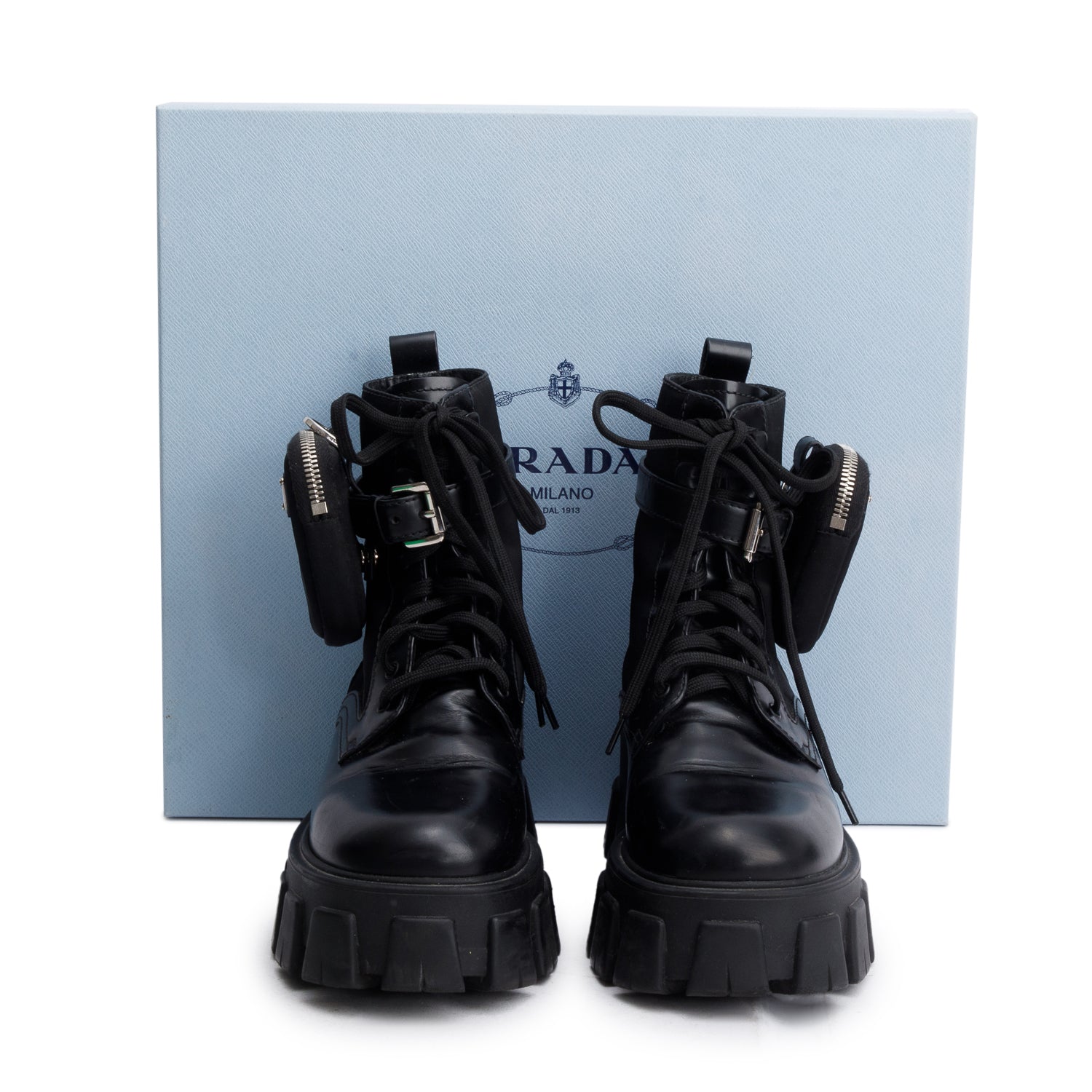 Prada Black Monolith Leather and Re-Nylon Boots with Pouch, Size 36.5 w/ Box
