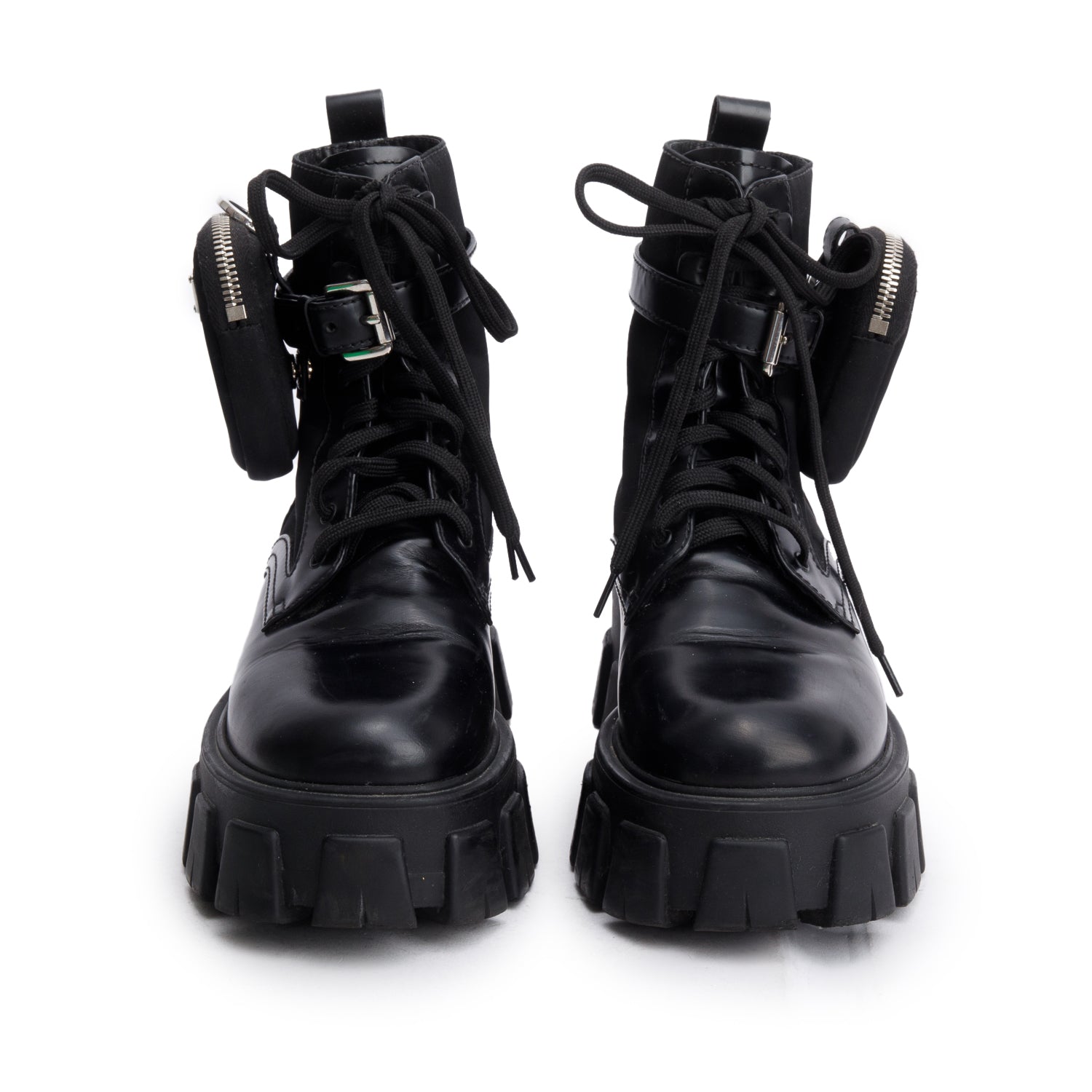 Prada Black Monolith Leather and Re-Nylon Boots with Pouch, Size 36.5 w/ Box