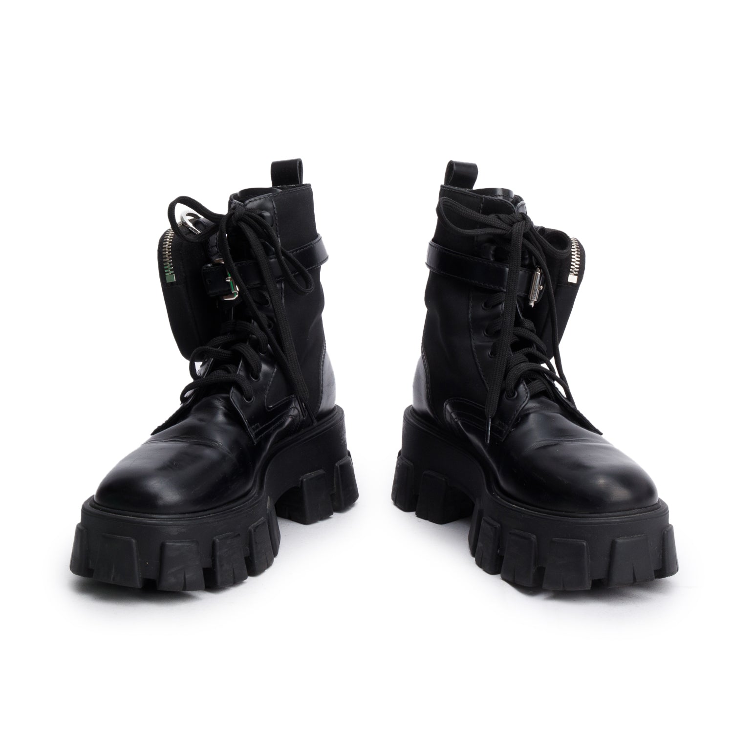 Prada Black Monolith Leather and Re-Nylon Boots with Pouch, Size 36.5 w/ Box