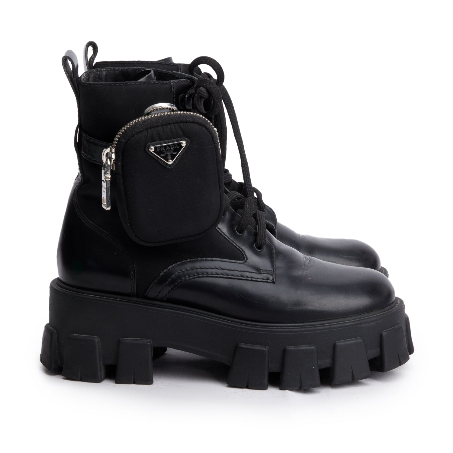 Prada Black Monolith Leather and Re-Nylon Boots with Pouch, Size 36.5 w/ Box