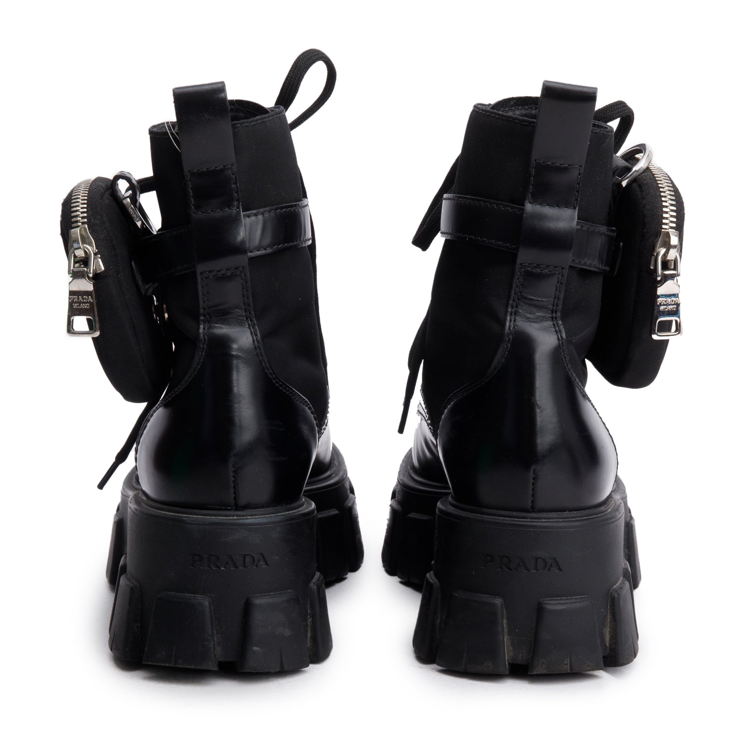 Prada Black Monolith Leather and Re-Nylon Boots with Pouch, Size 36.5 w/ Box