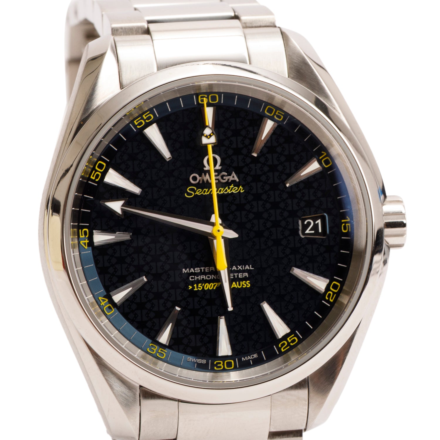 Omega Stainless Steel Limited Edition James Bond Seamaster Aqua Terra Master Co-Axial Chronometer 41.5 MM Automatic Watch Blue Dial w/ Box, Papers & Extra Strap