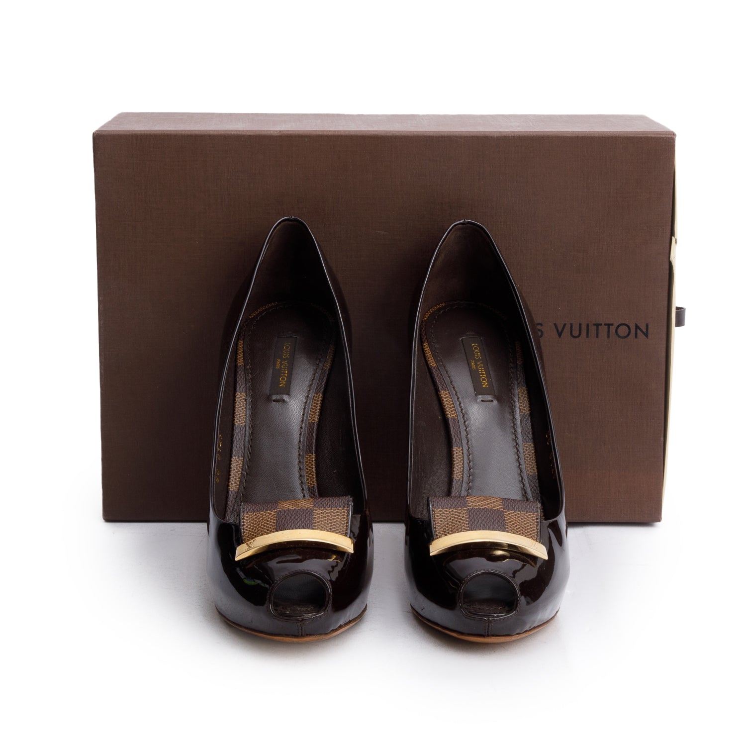 Louis Vuitton Brown Patent Leather Damier Ebene Pumps, Size 38.5 w/ Box