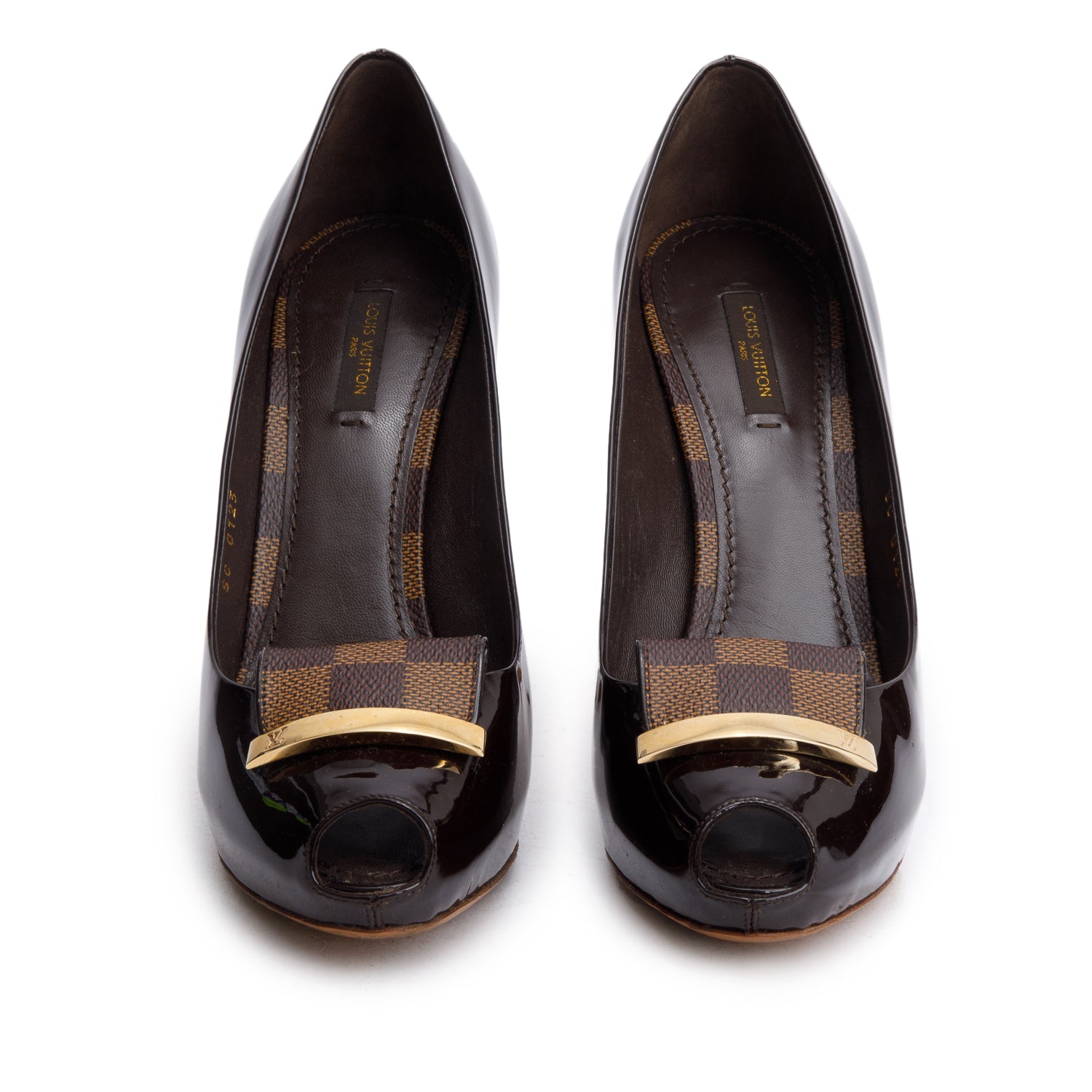 Louis Vuitton Brown Patent Leather Damier Ebene Pumps, Size 38.5 w/ Box