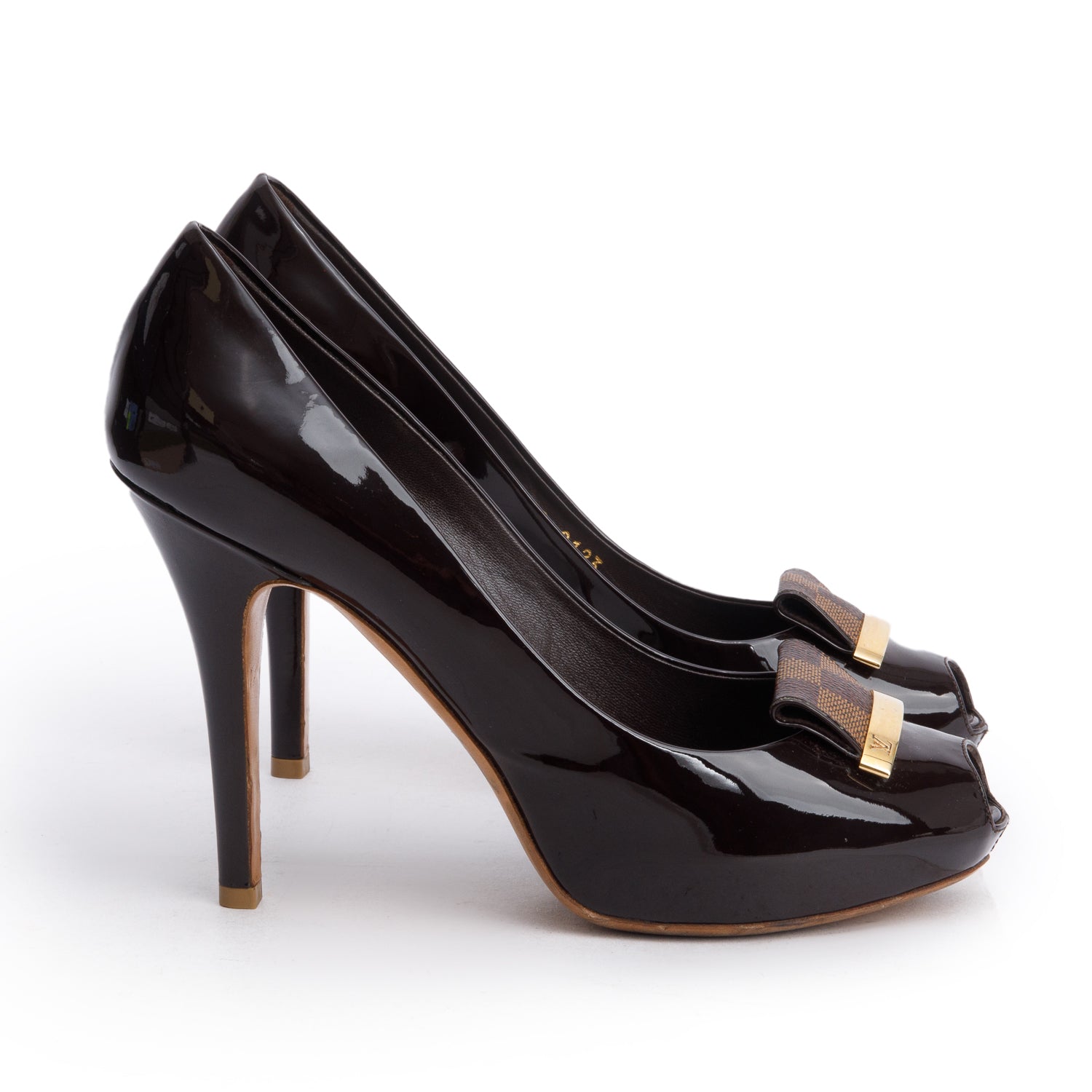 Louis Vuitton Brown Patent Leather Damier Ebene Pumps, Size 38.5 w/ Box