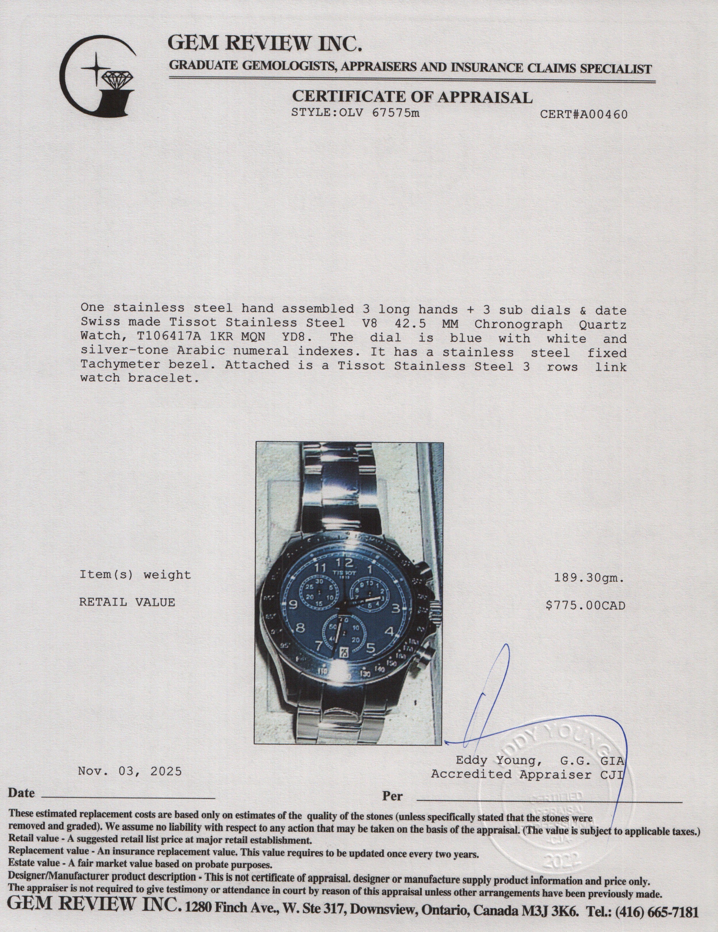 Tissot Stainless Steel T-Sport V8 42.5 MM Chronograph Quartz Watch Blue Dial w/ Box