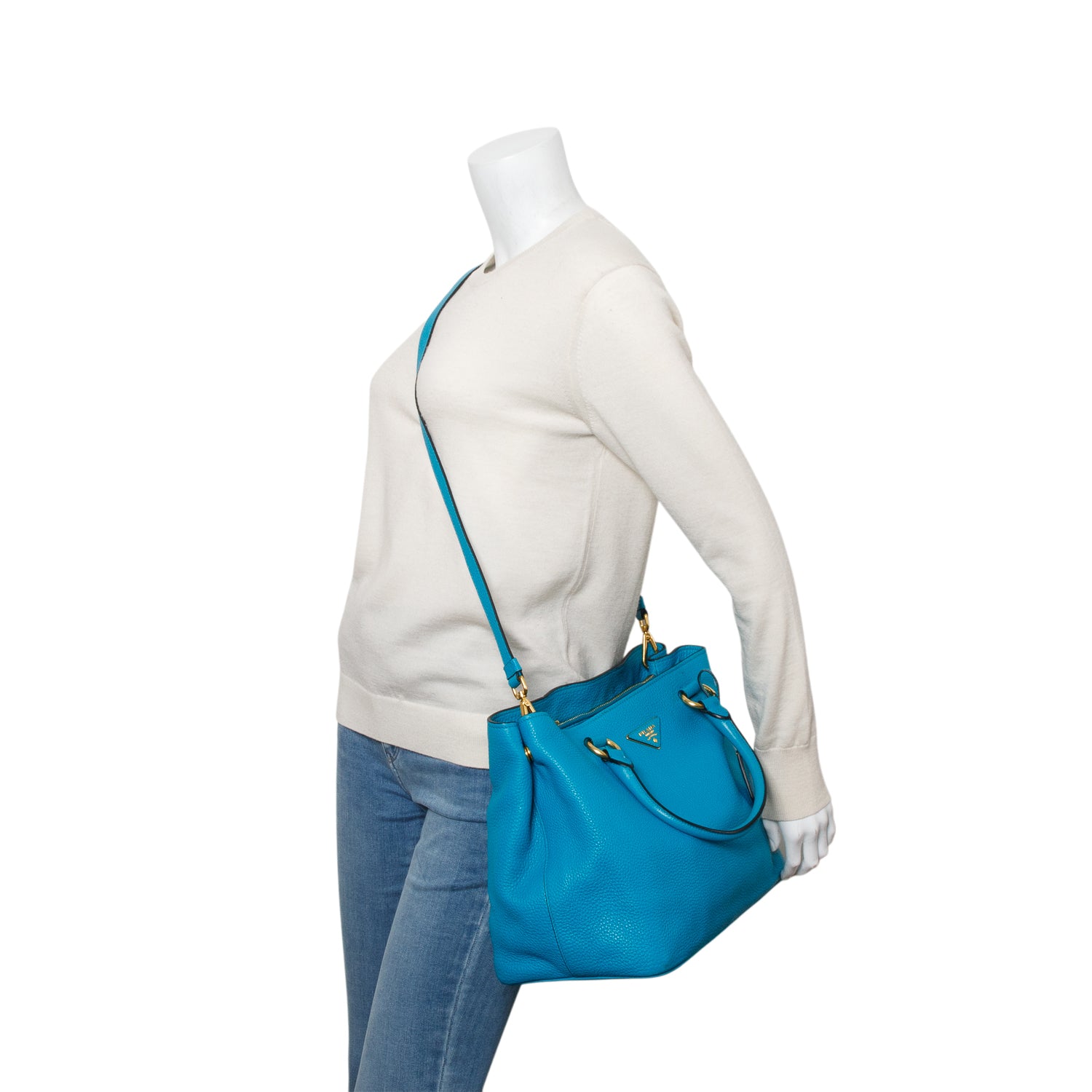 Prada Blue Vitello Daino Convertible Tote w/ Strap