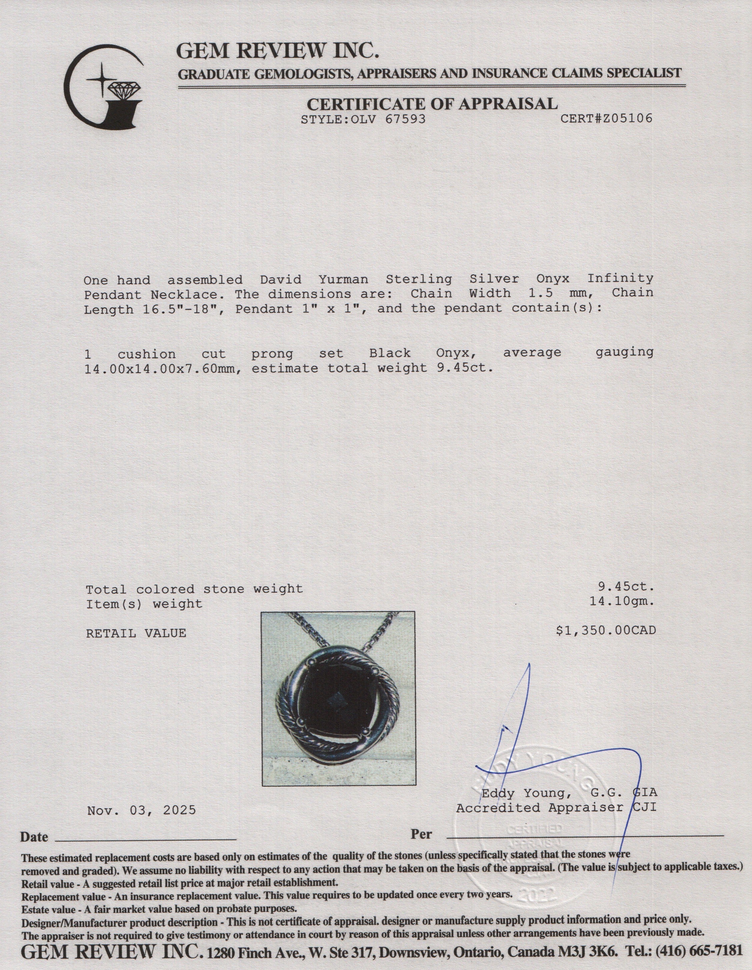 David Yurman Sterling Silver Onyx Infinity Pendant Necklace