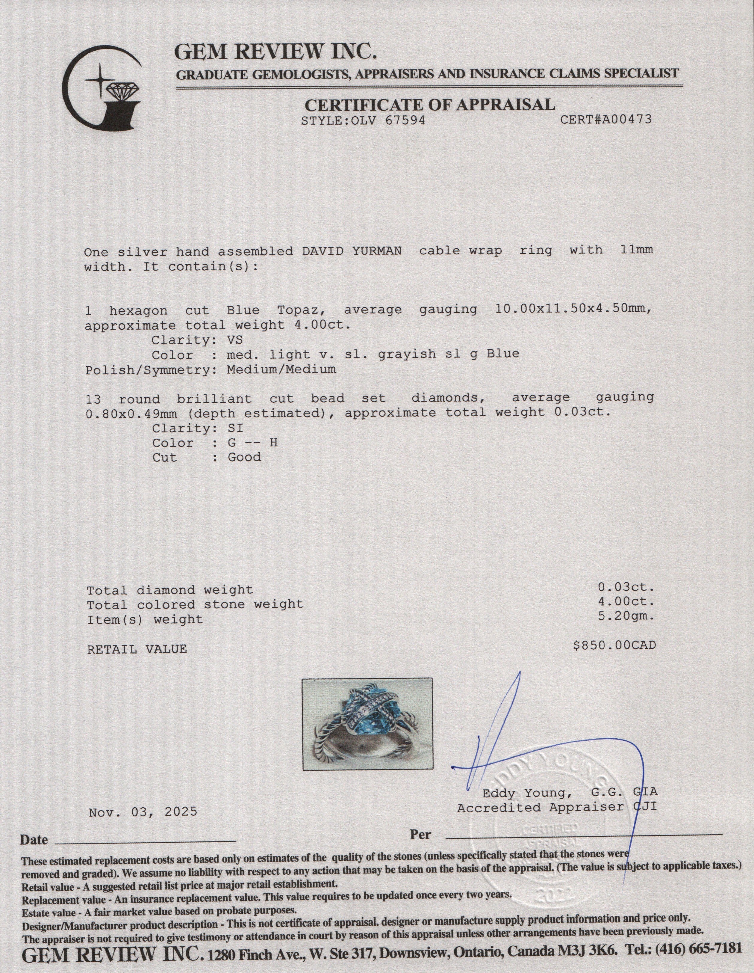 David Yurman Sterling Silver Topaz & Diamond Cable Wrap Ring 11 MM, Size 7.75