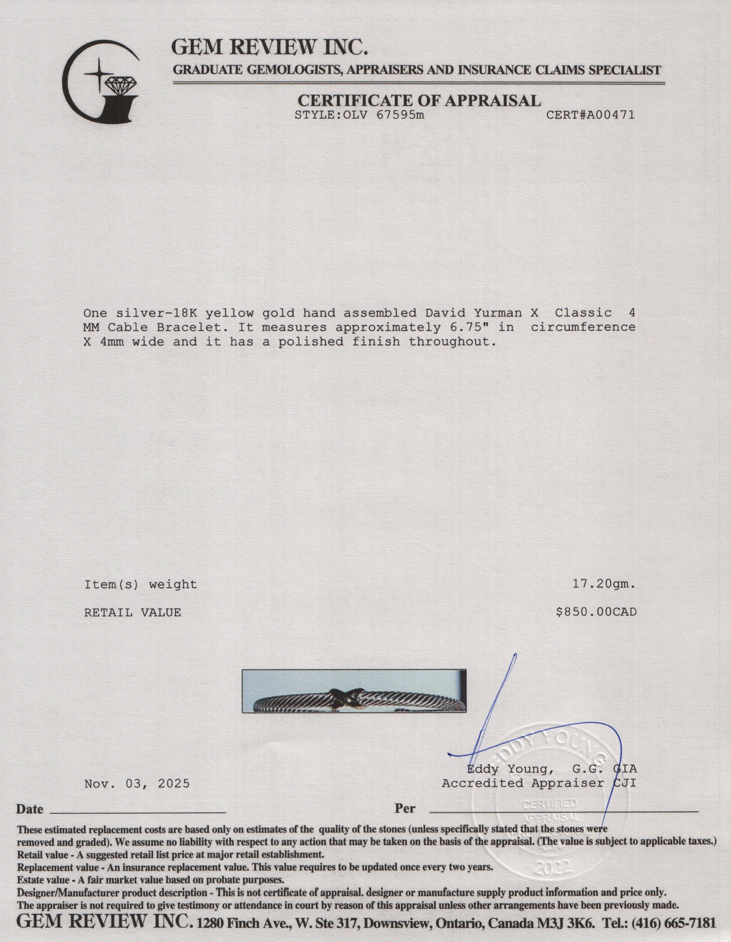 David Yurman Sterling Silver & 18k Yellow Gold X Classic 4 MM Cable Bracelet